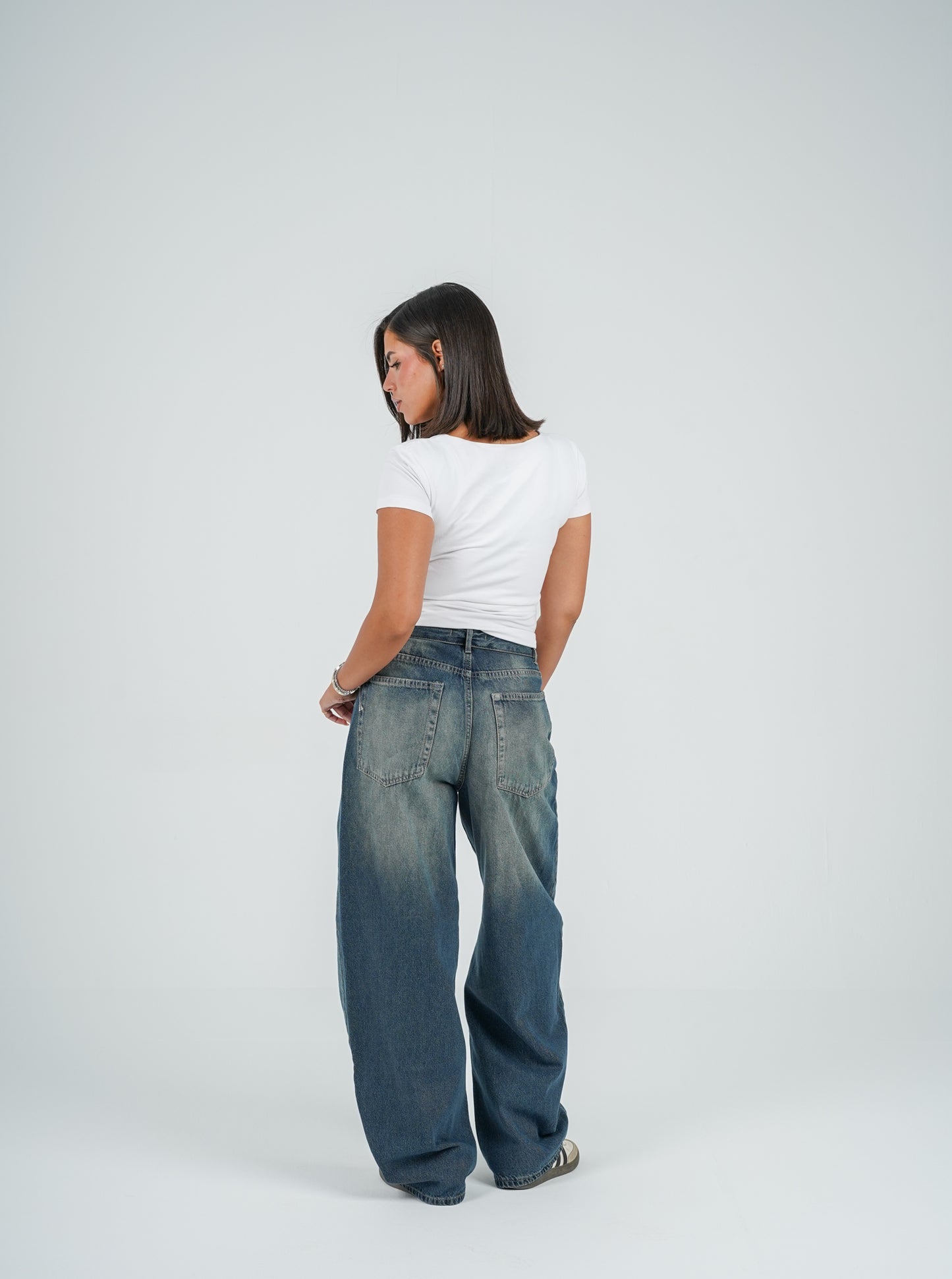 Folded waist barrel jeans vintage washed