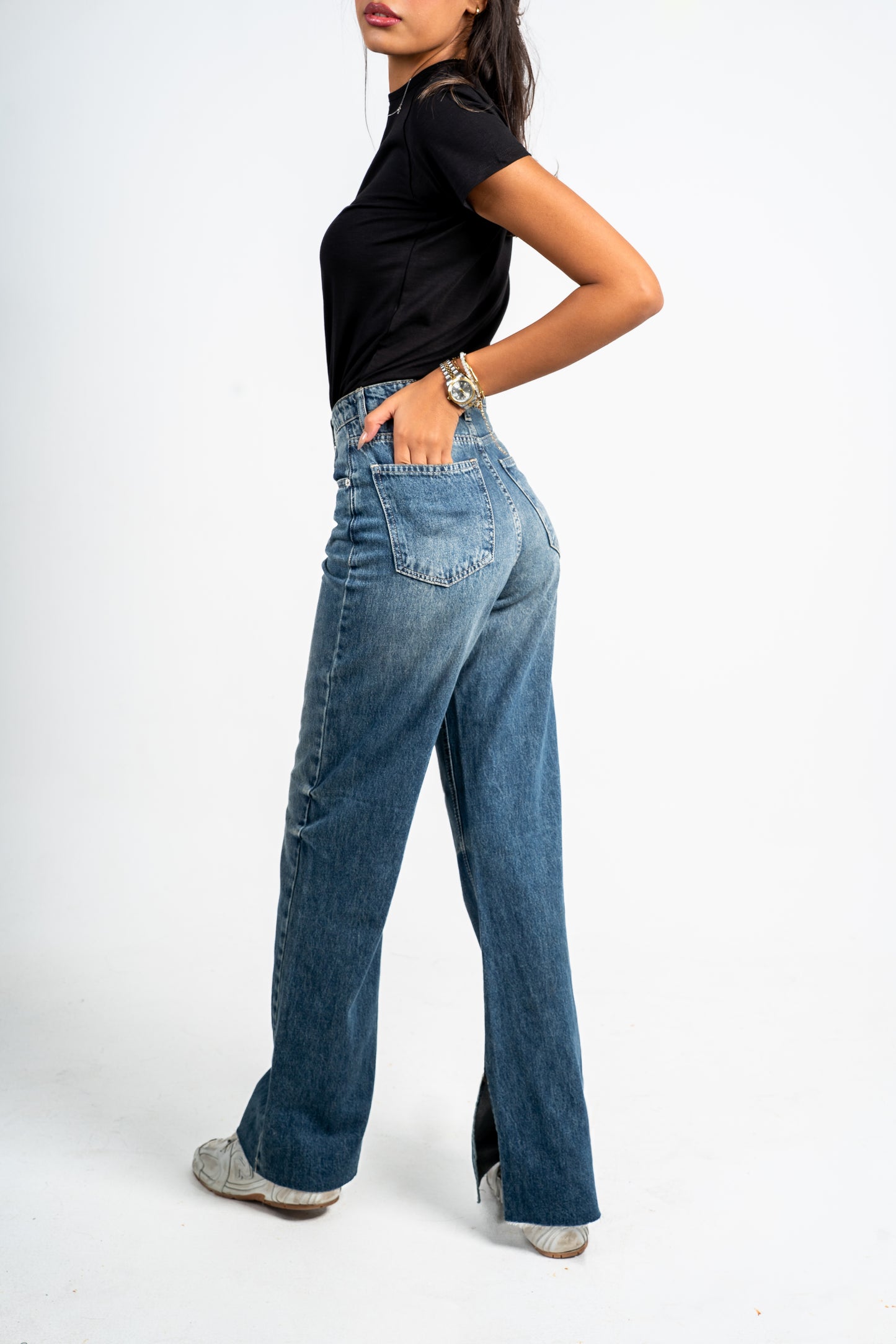 Side slit straight jeans navy washed