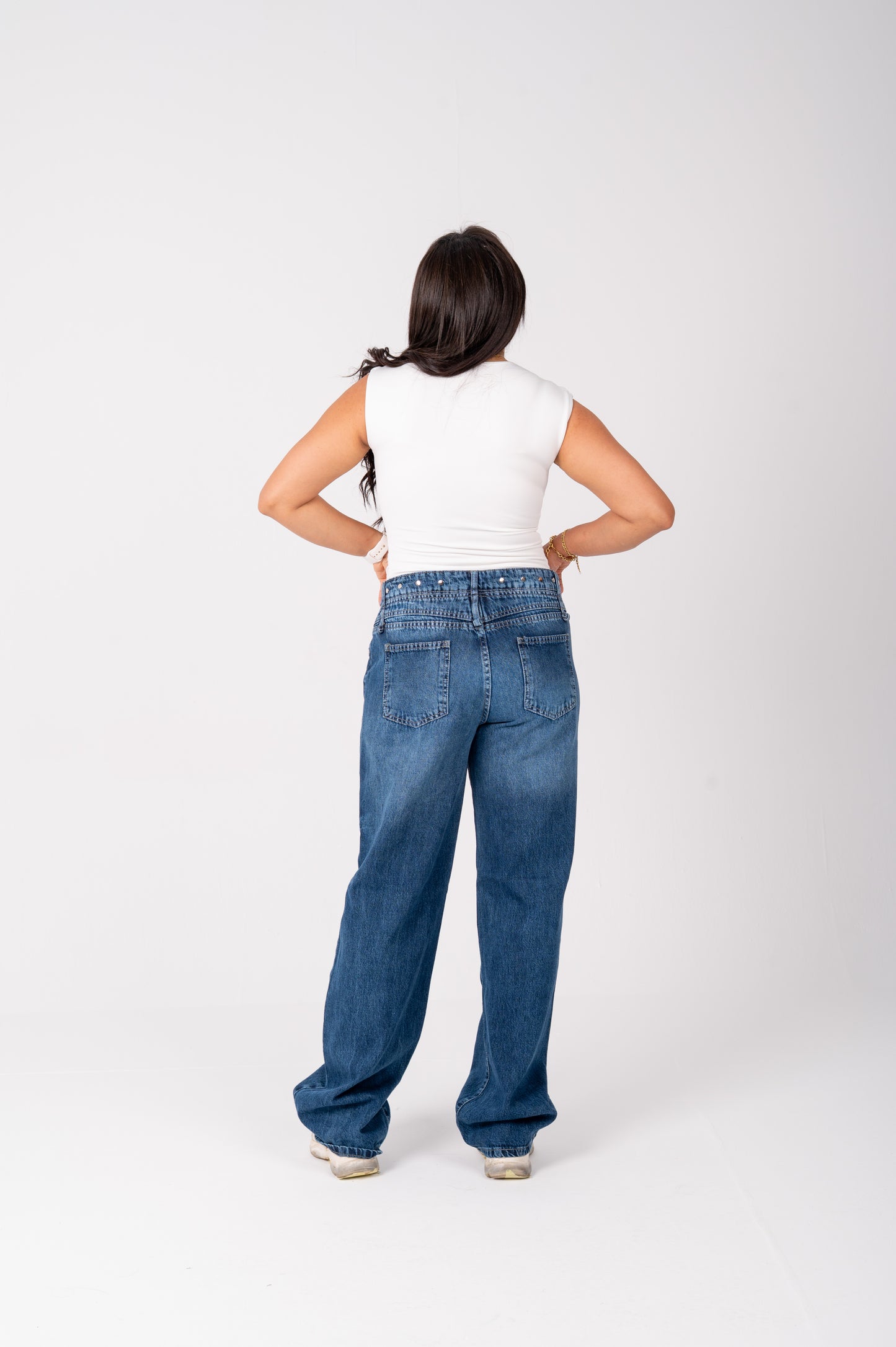 Wide leg jeans with back studded dark blue