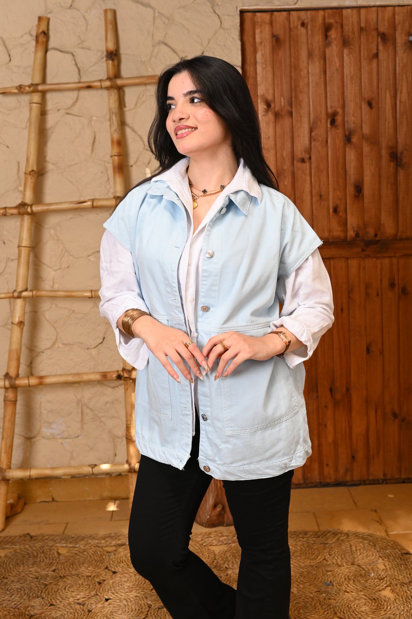 Oversized long vest Denim blue