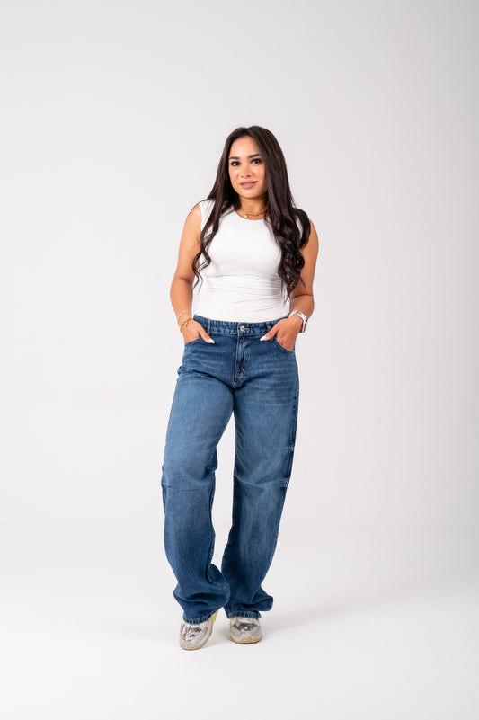 Wide leg jeans with back studded dark blue