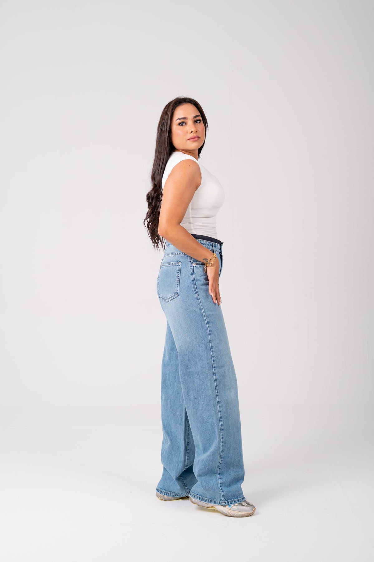 Wide Leg Jeans with Exposed Inner Waistband light blue