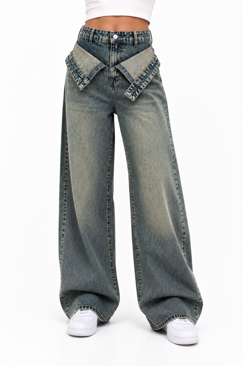 Foldover waist wide leg jeans dirty vintage