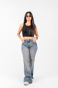 Flare cotton jeans mid blue washed