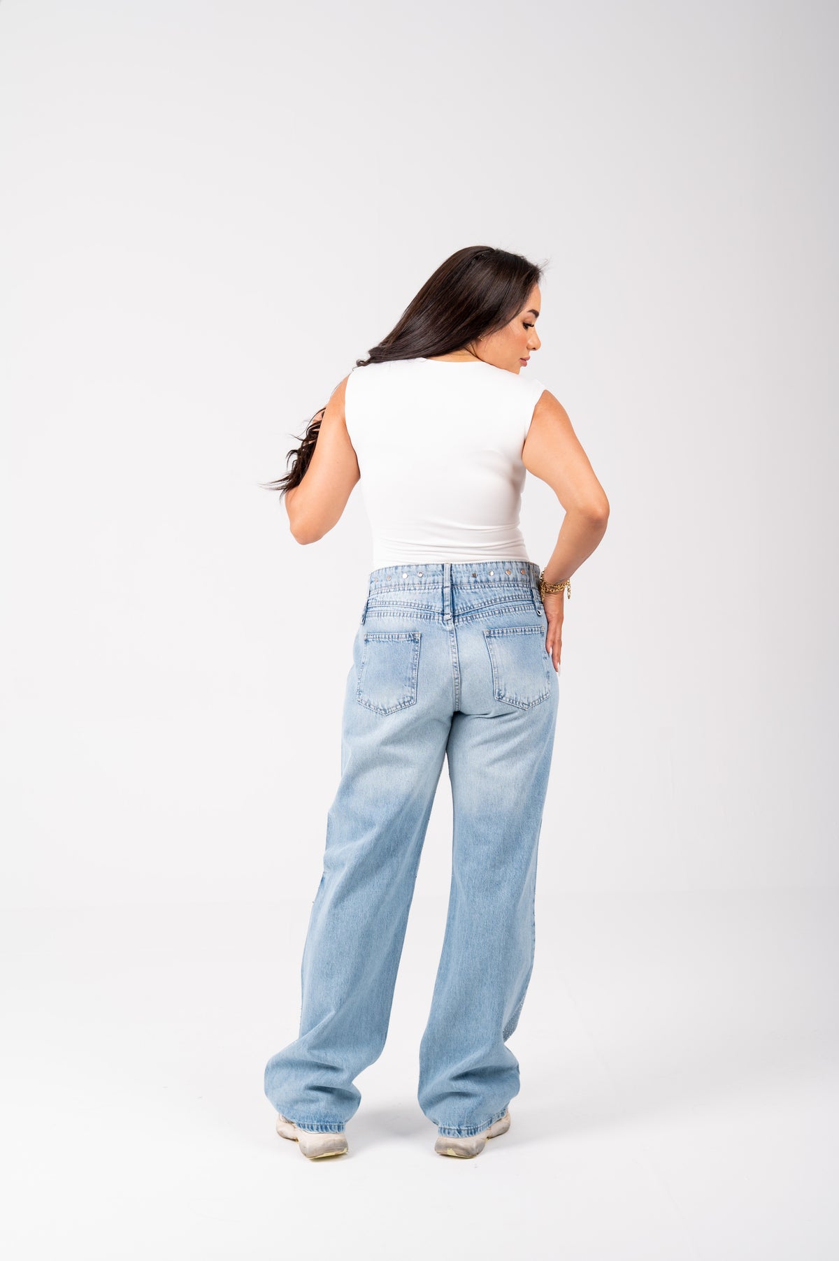 Wide leg Strass jeans with a back studded light blue