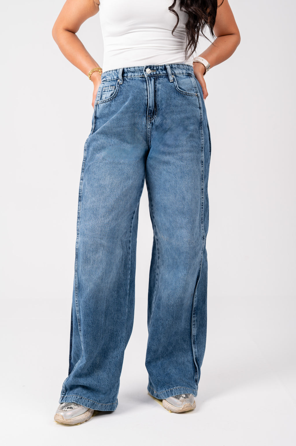 Side panel wide leg jeans dark blue