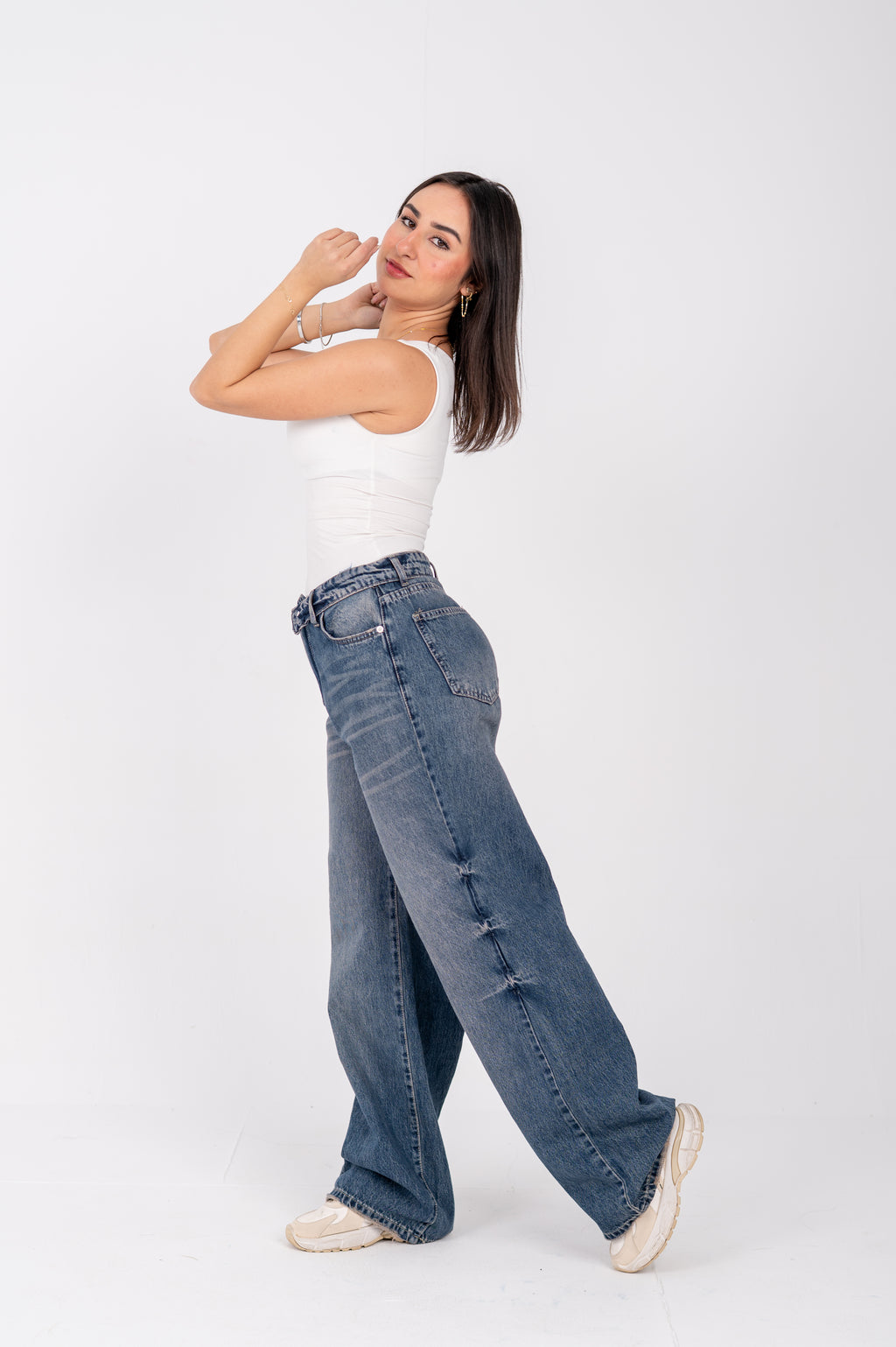 Folded waist wide leg jeans dark blue