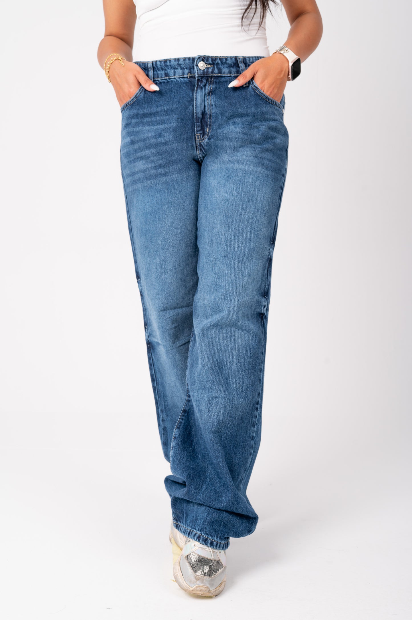 Wide leg jeans with back studded dark blue
