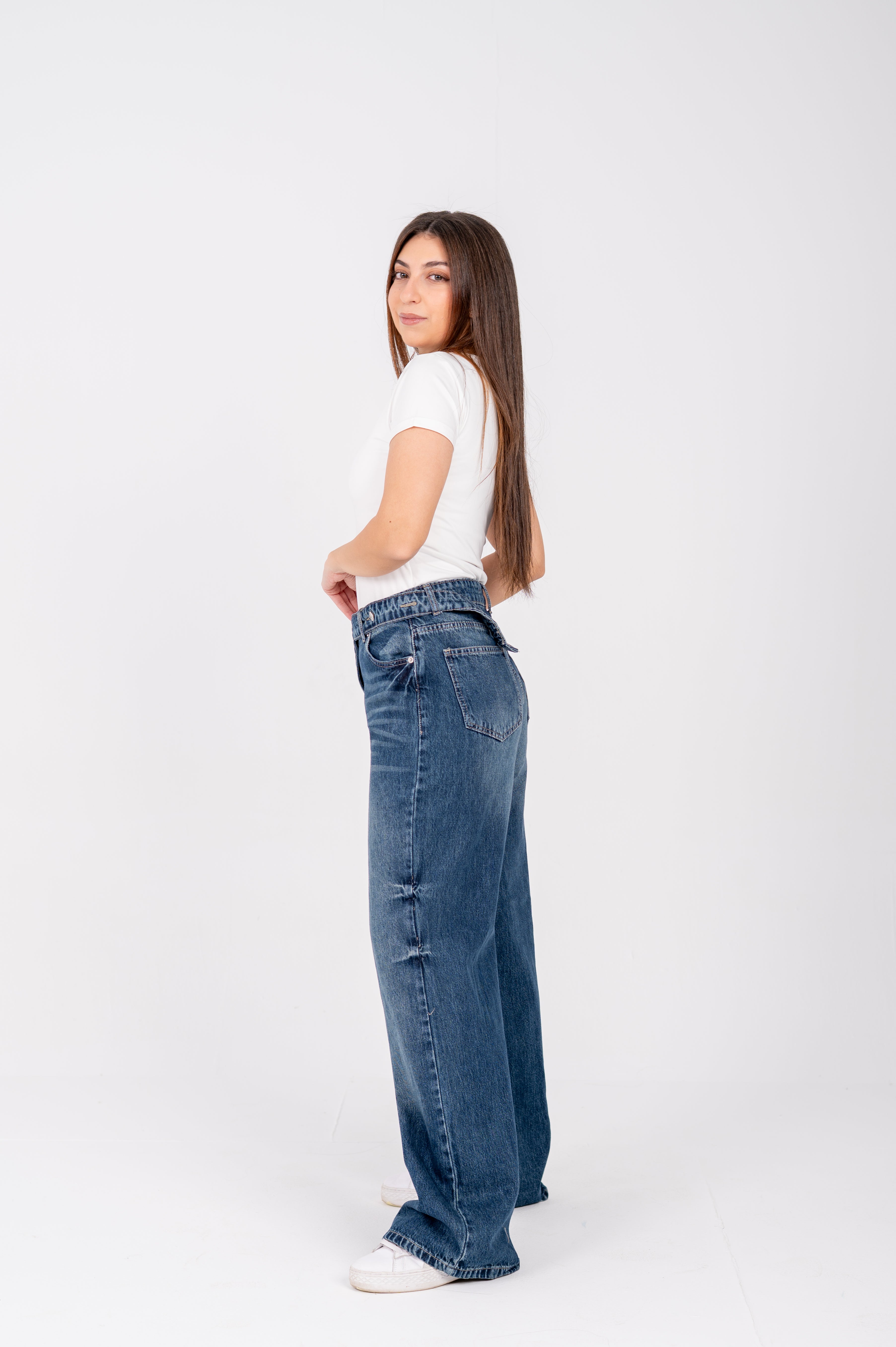 Wide leg jeans with attached belt navy washed