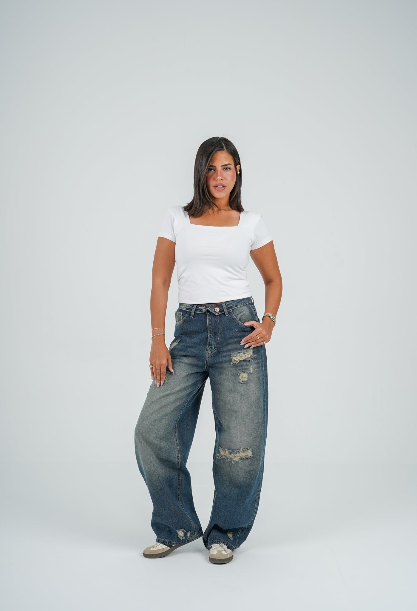 Folded waist barrel jeans vintage washed
