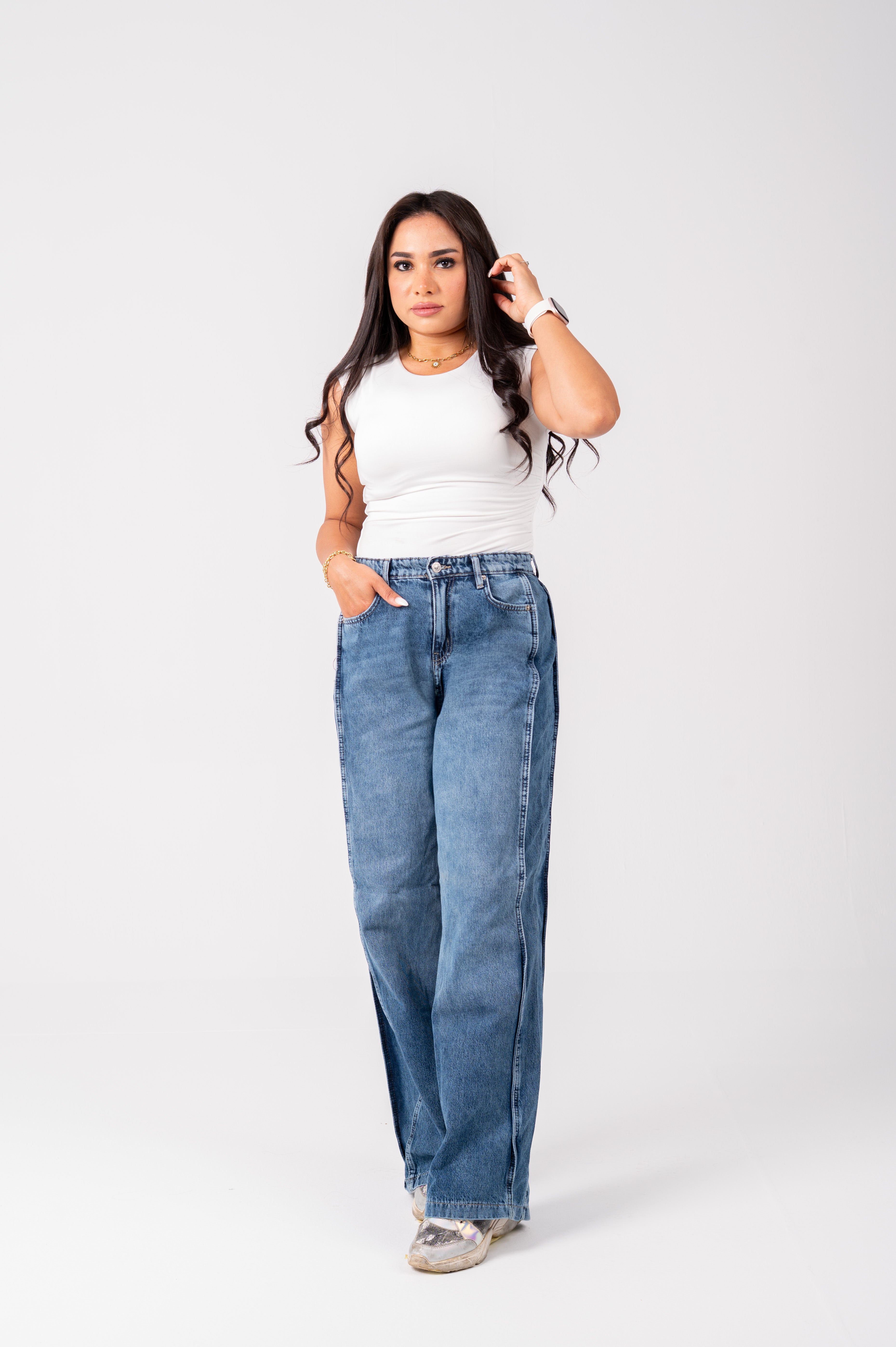 Side panel wide leg jeans dark blue