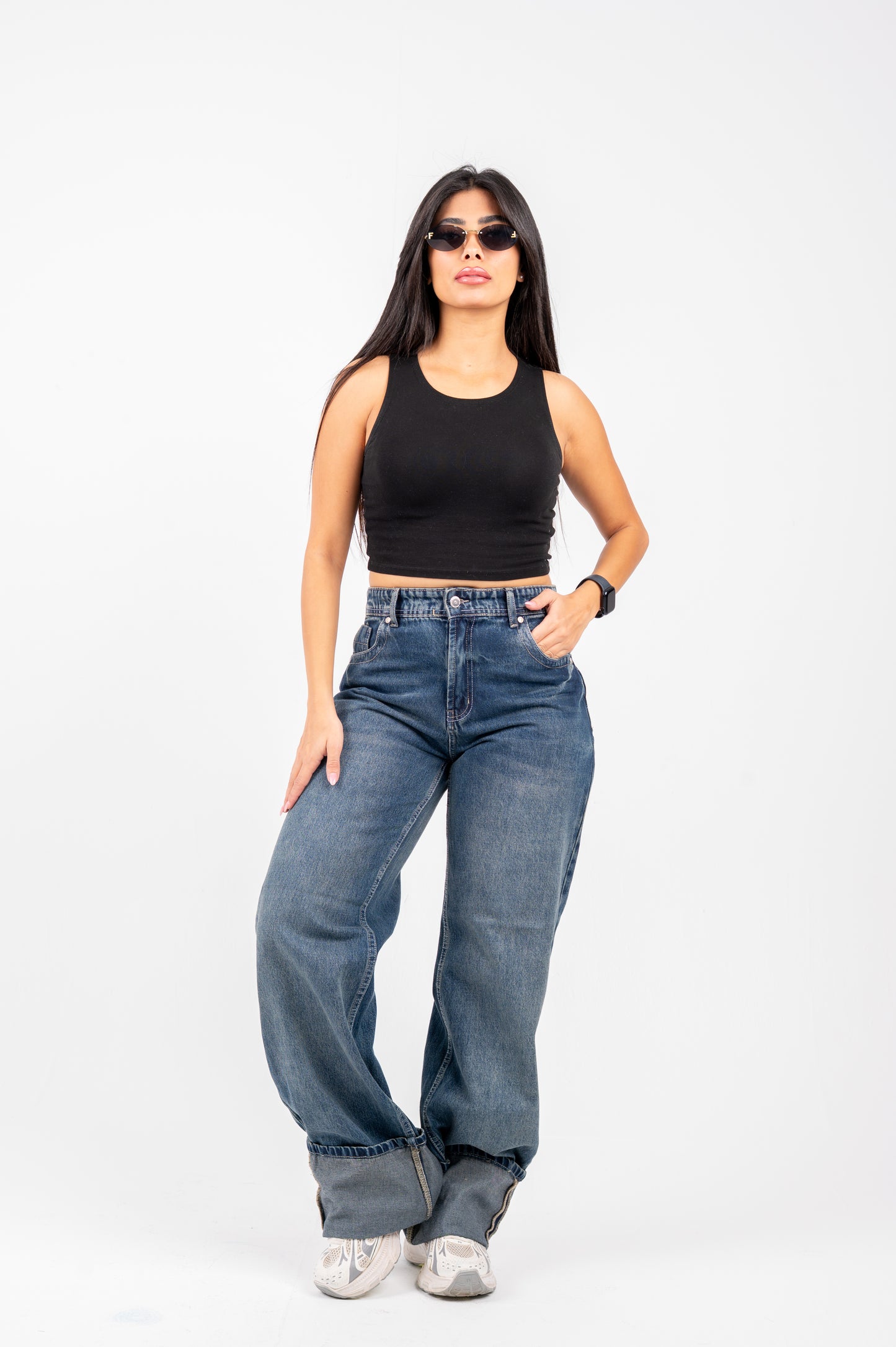 Cuffed wide leg jeans  dark blue
