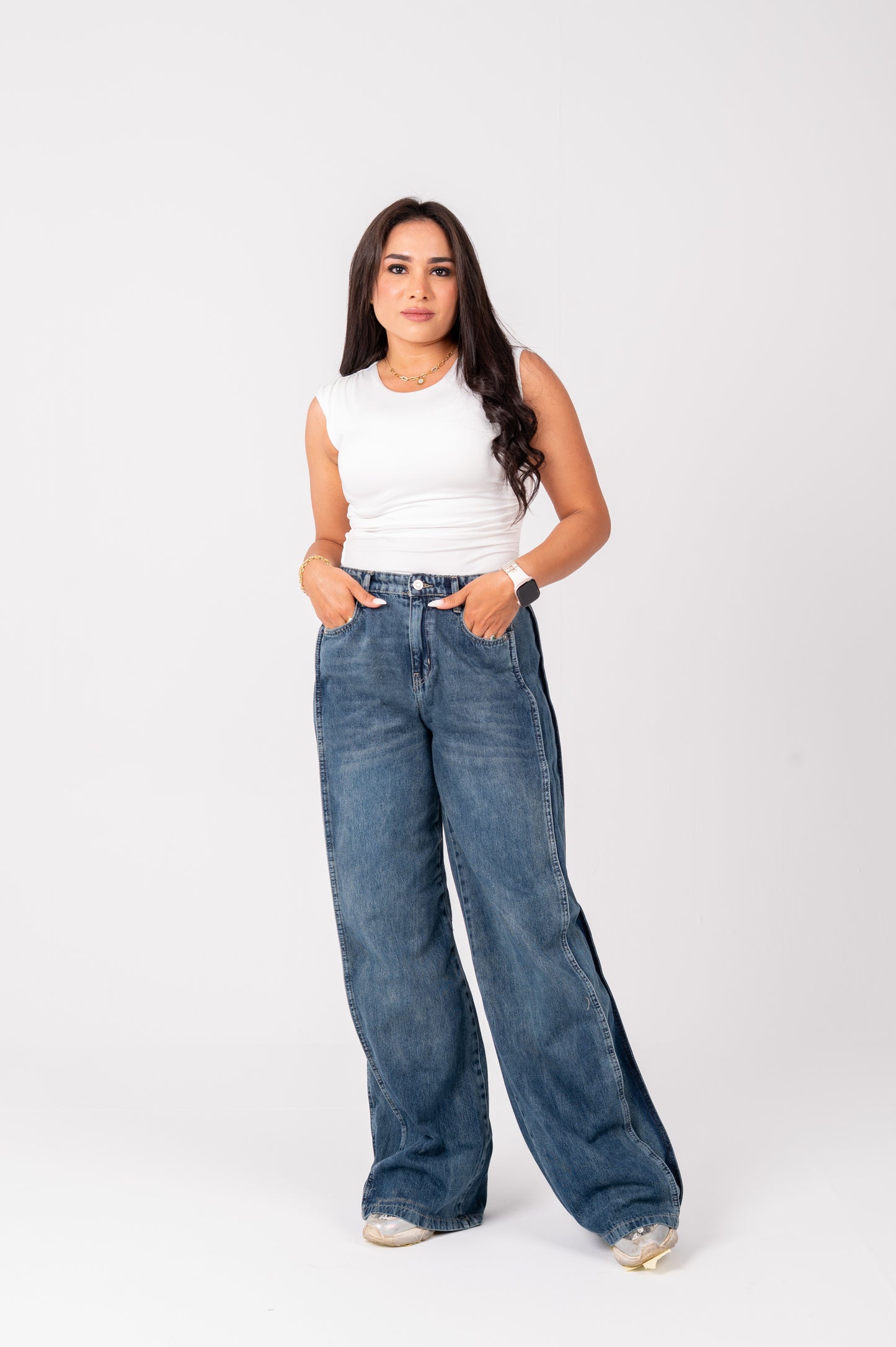 Side Panel wide leg jeans navy washed