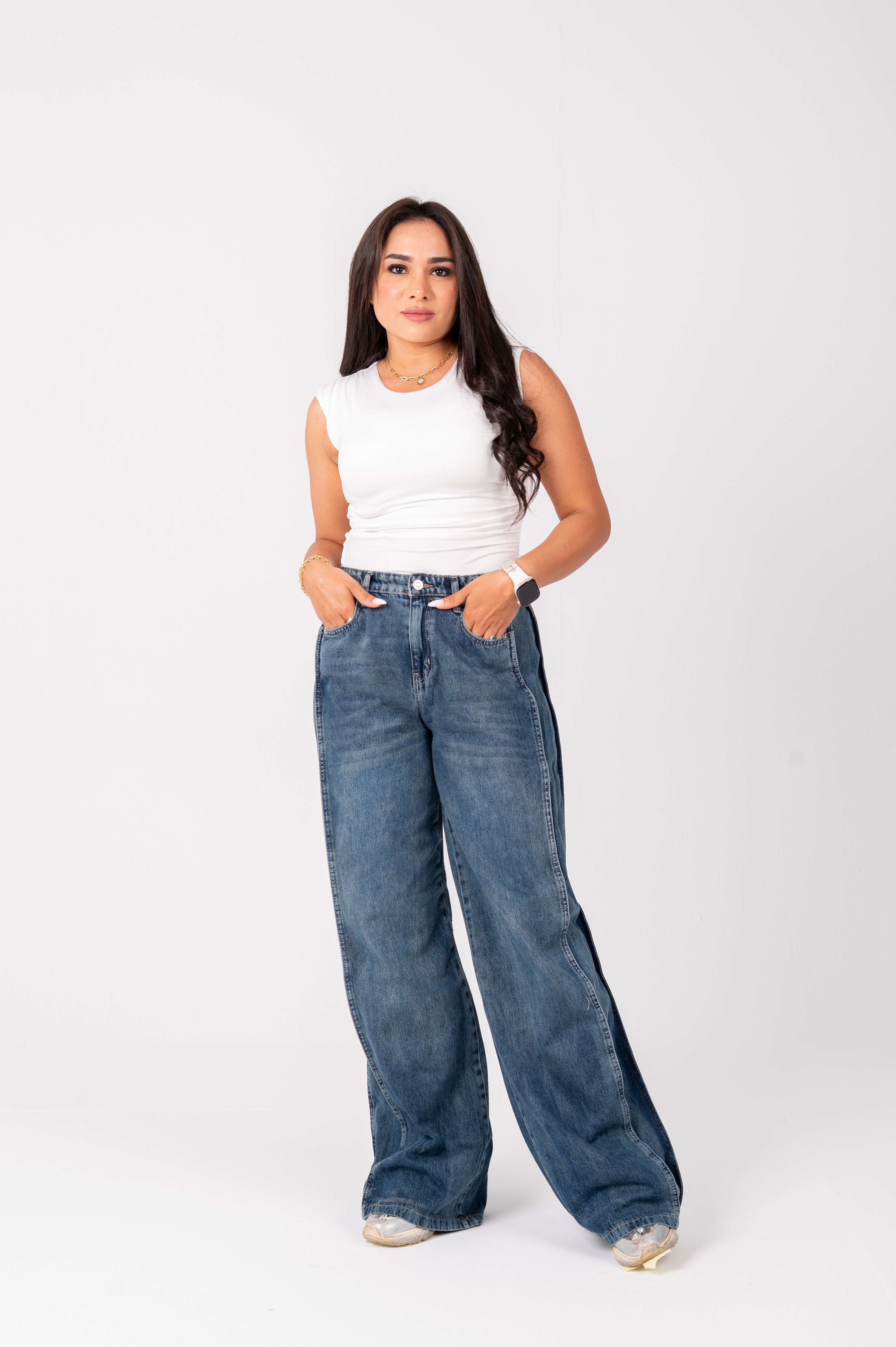 Side Panel wide leg jeans navy washed