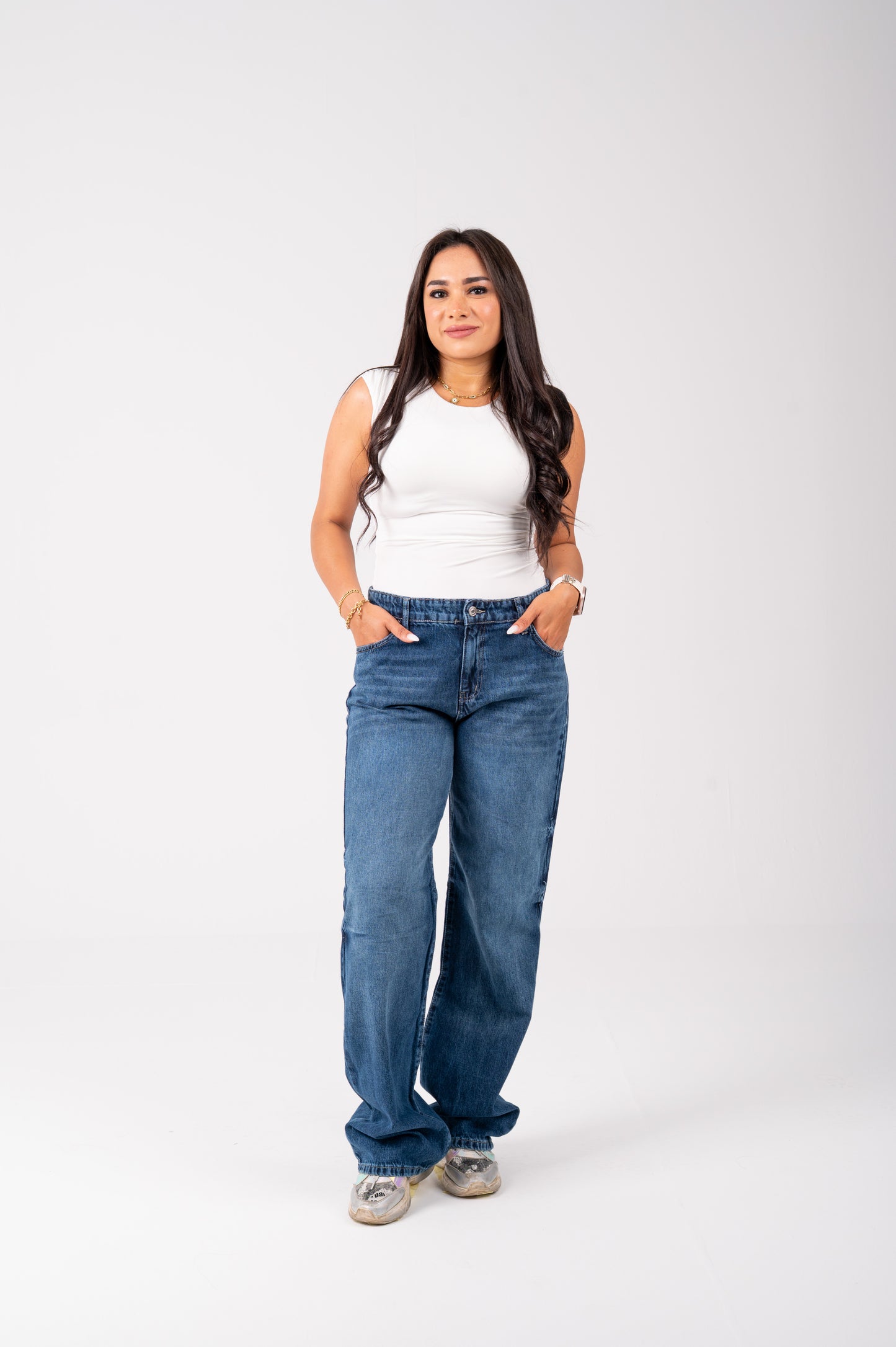Wide leg jeans with back studded dark blue