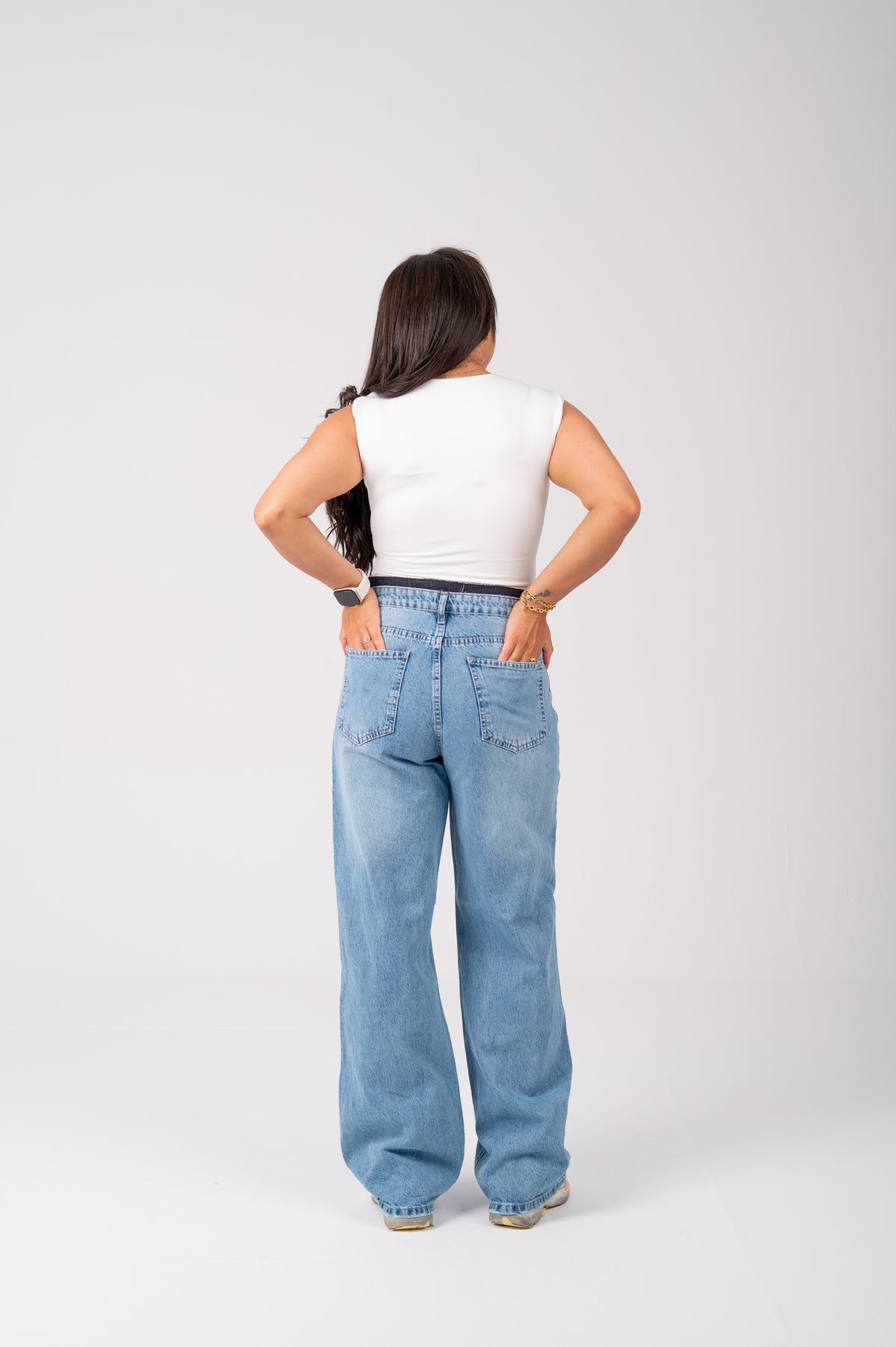 Wide Leg Jeans with Exposed Inner Waistband light blue