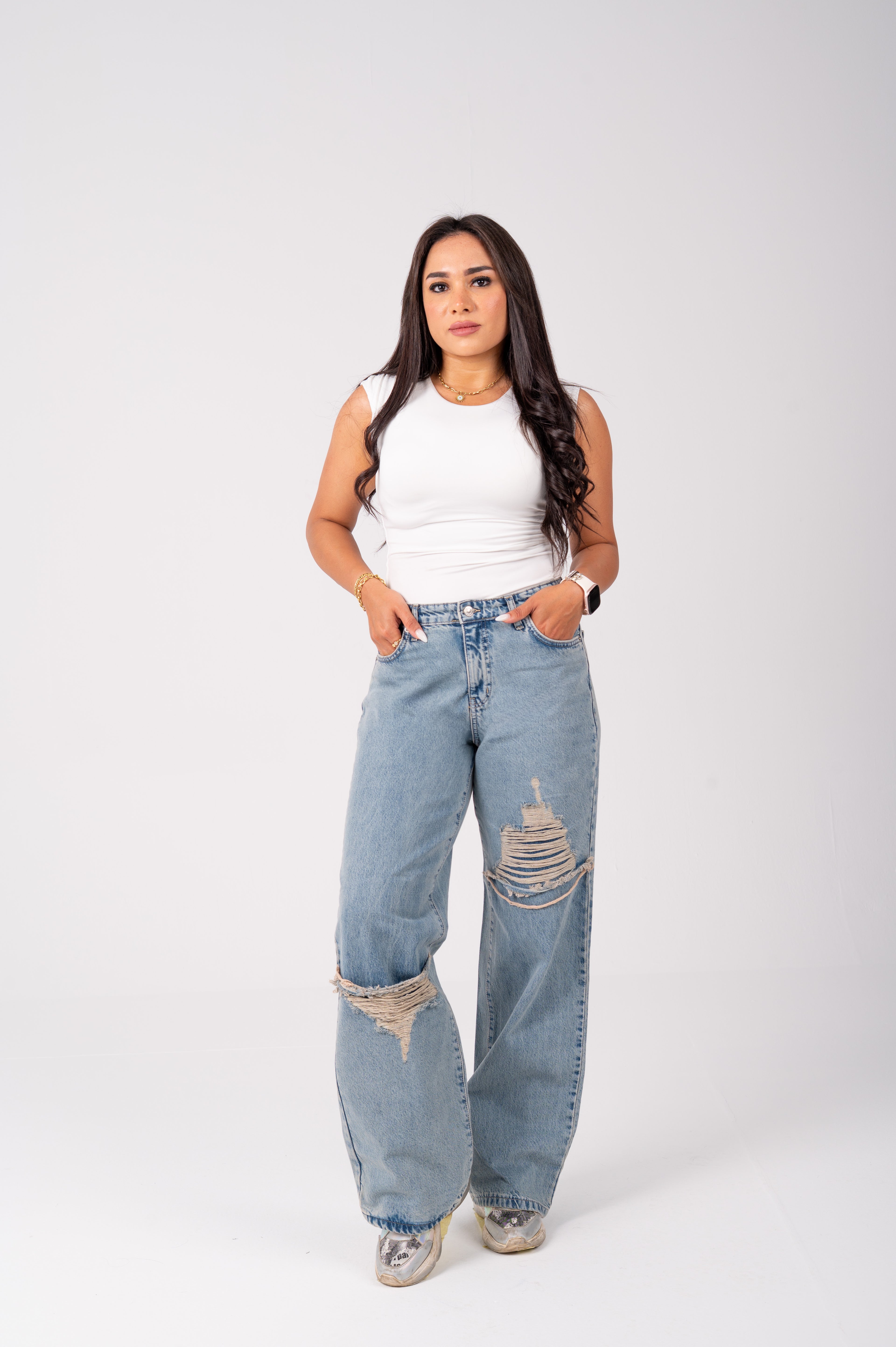 Wide leg jeans triangle cut dirty blue