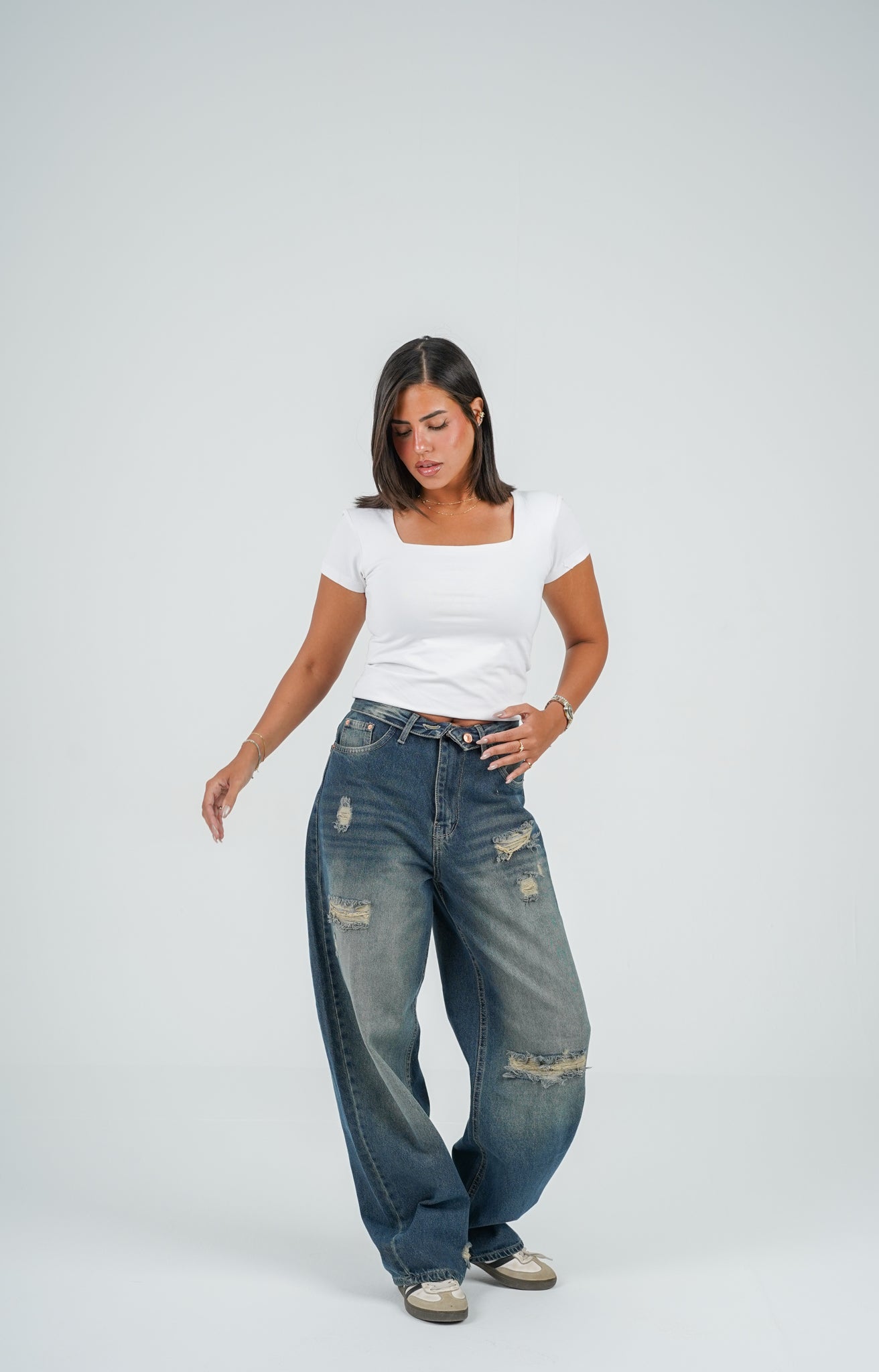 Folded waist barrel jeans vintage washed