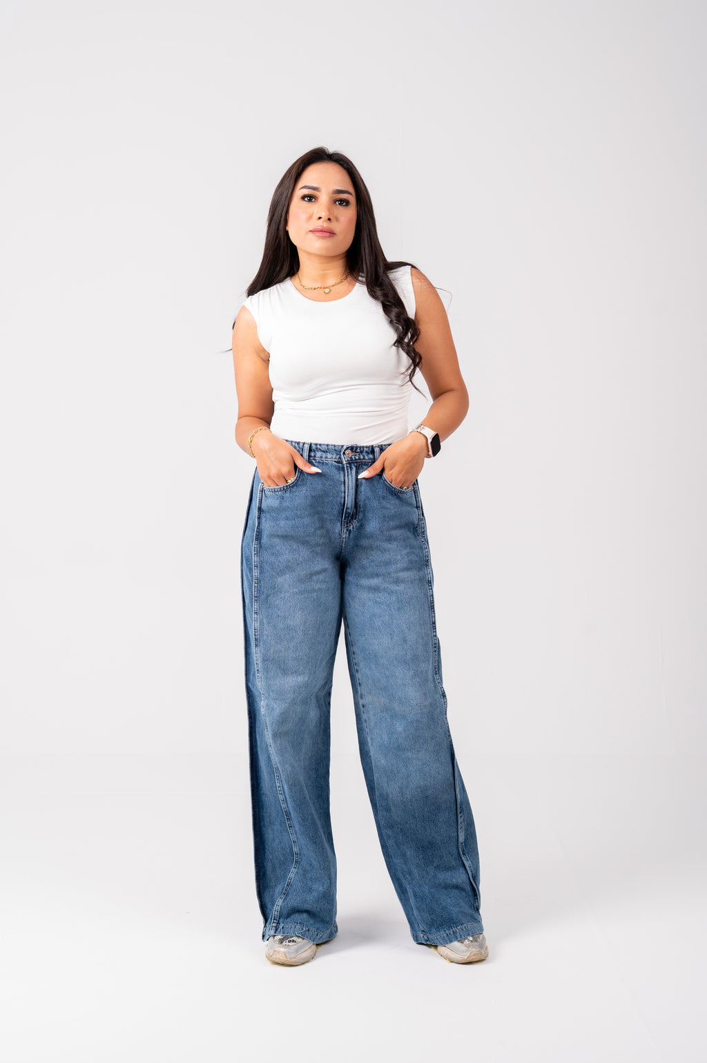 Side panel wide leg jeans dark blue