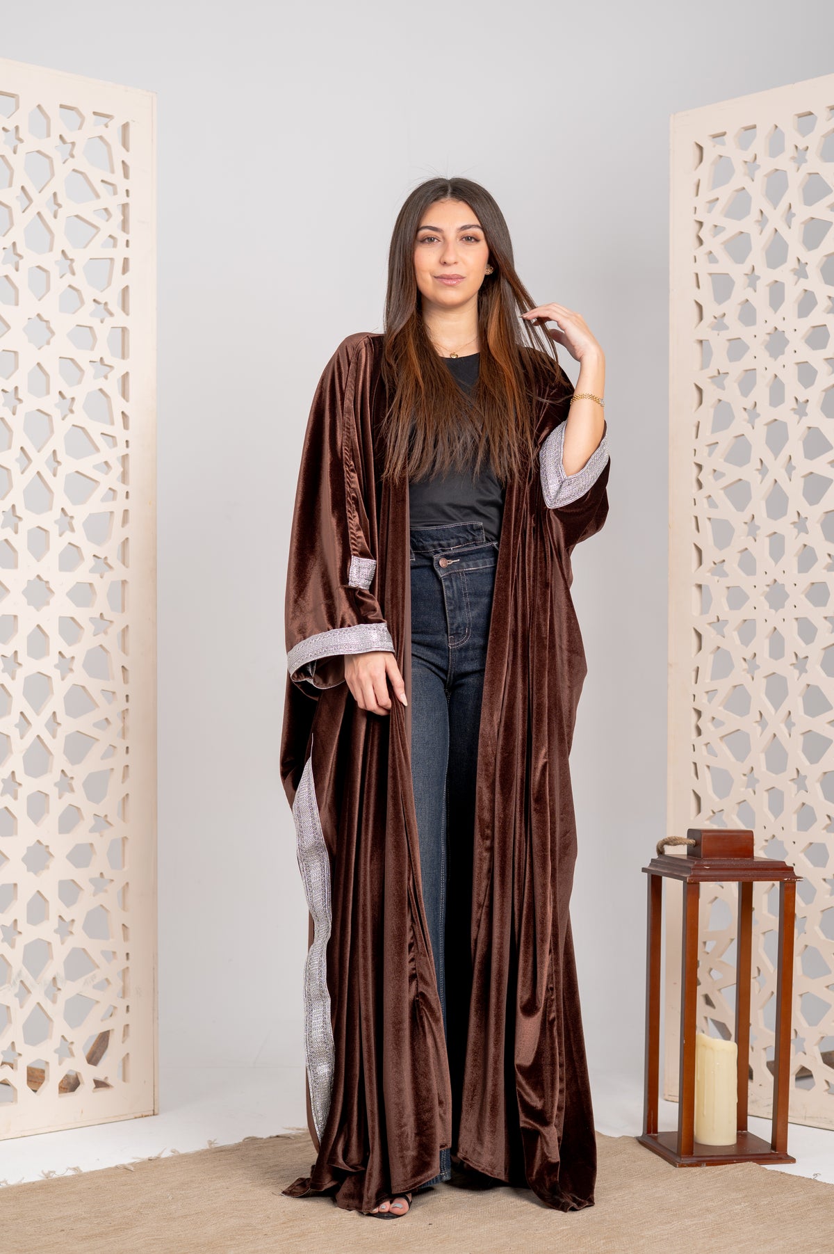 Chocolate Velvet Open Cardigan with Silver Trim & Matching Scarf