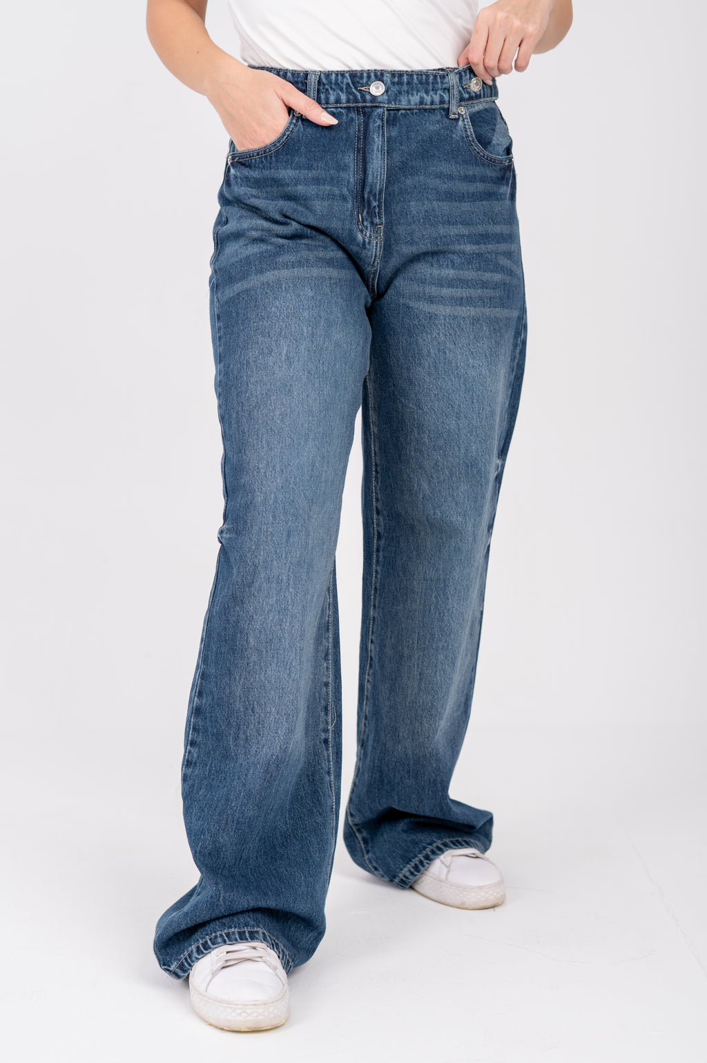 Wide leg jeans with attached belt navy washed