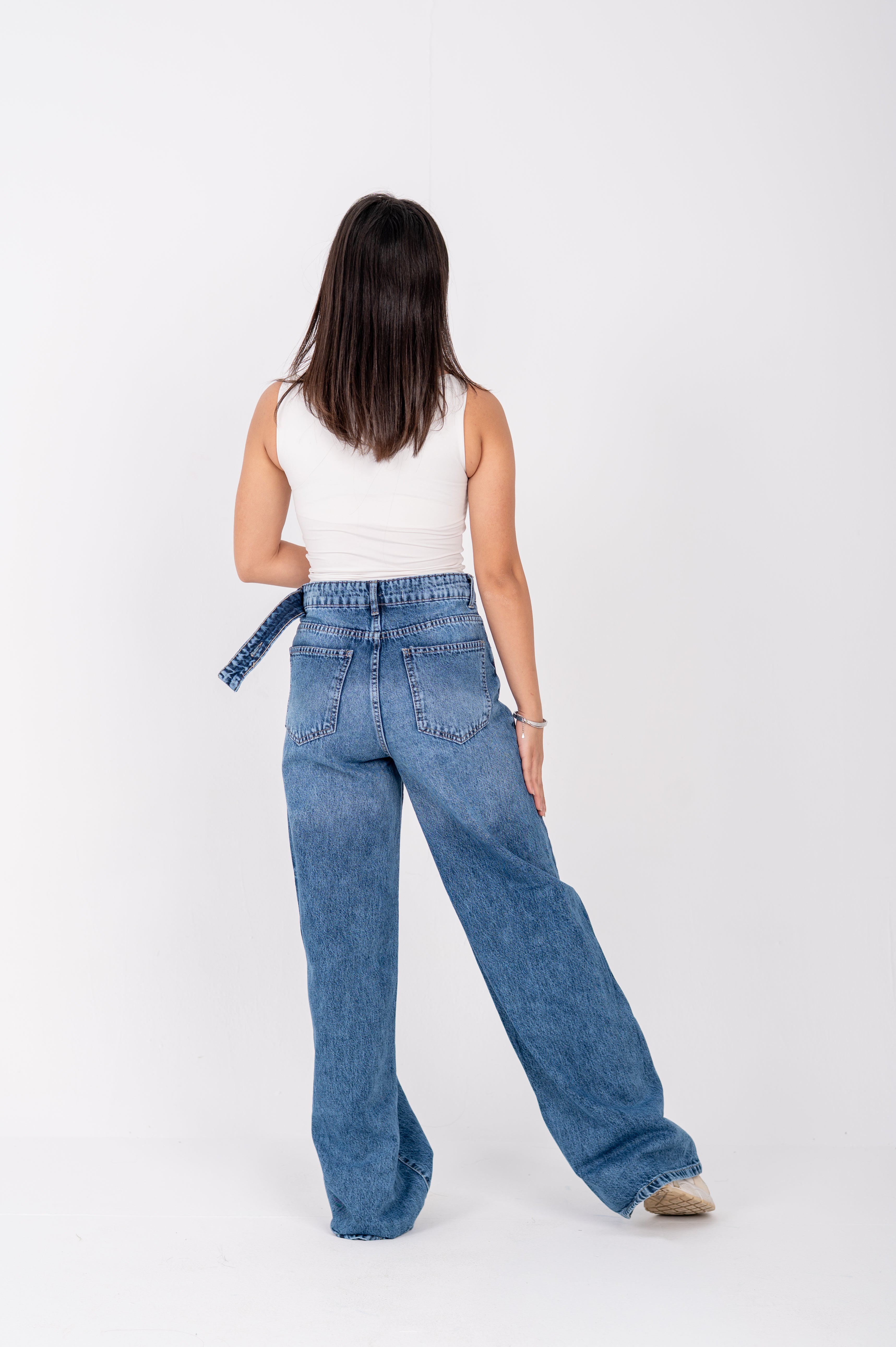 Wide leg jeans with attached belt dark blue