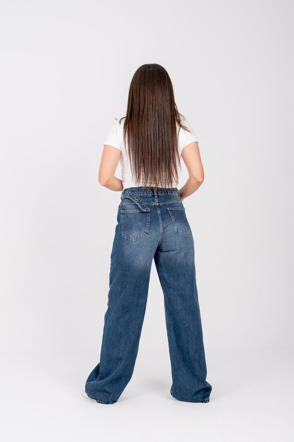Wide leg jeans with attached belt navy washed
