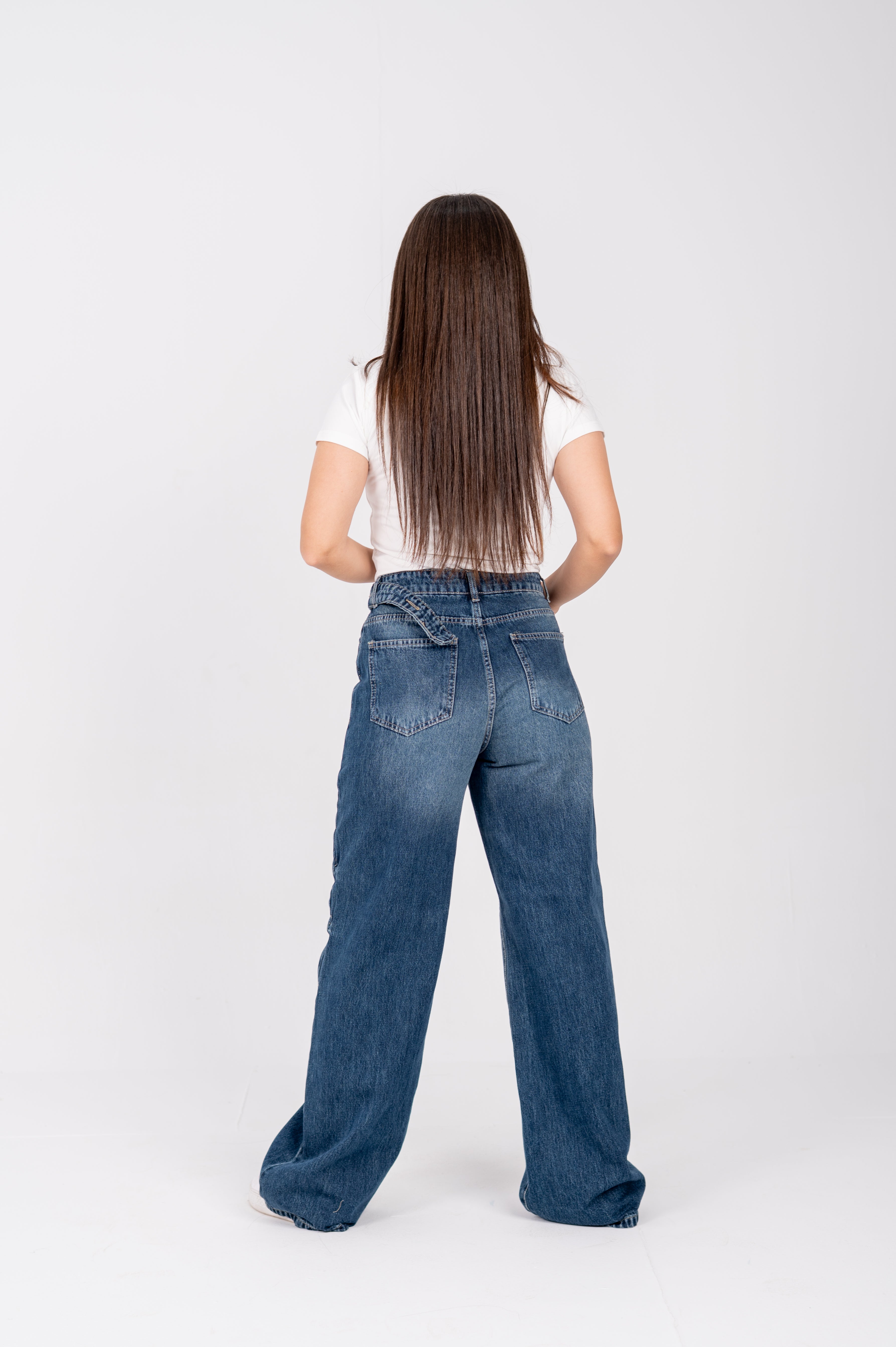 Wide leg jeans with attached belt navy washed