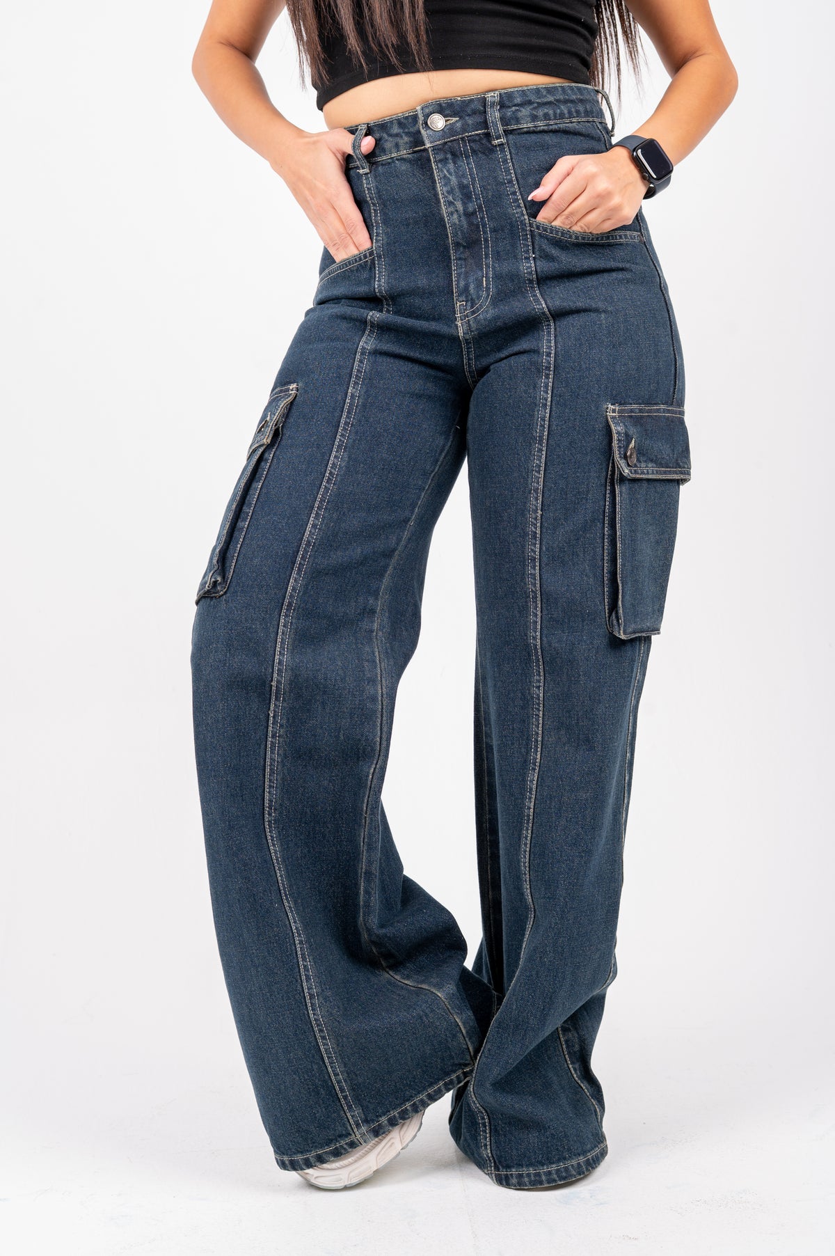 High waist cargo jeans dark blue