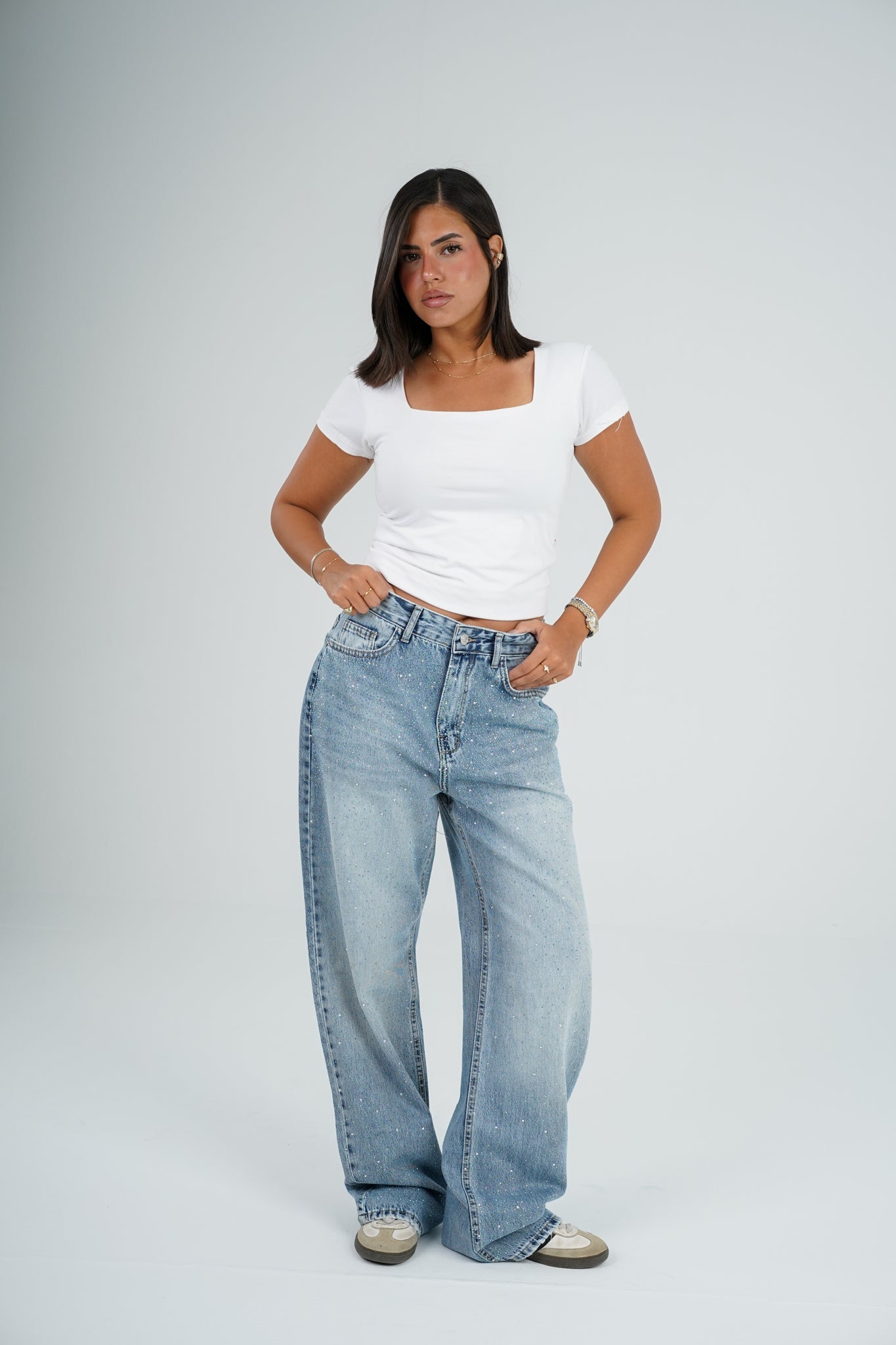 Strass wide leg jeans light blue