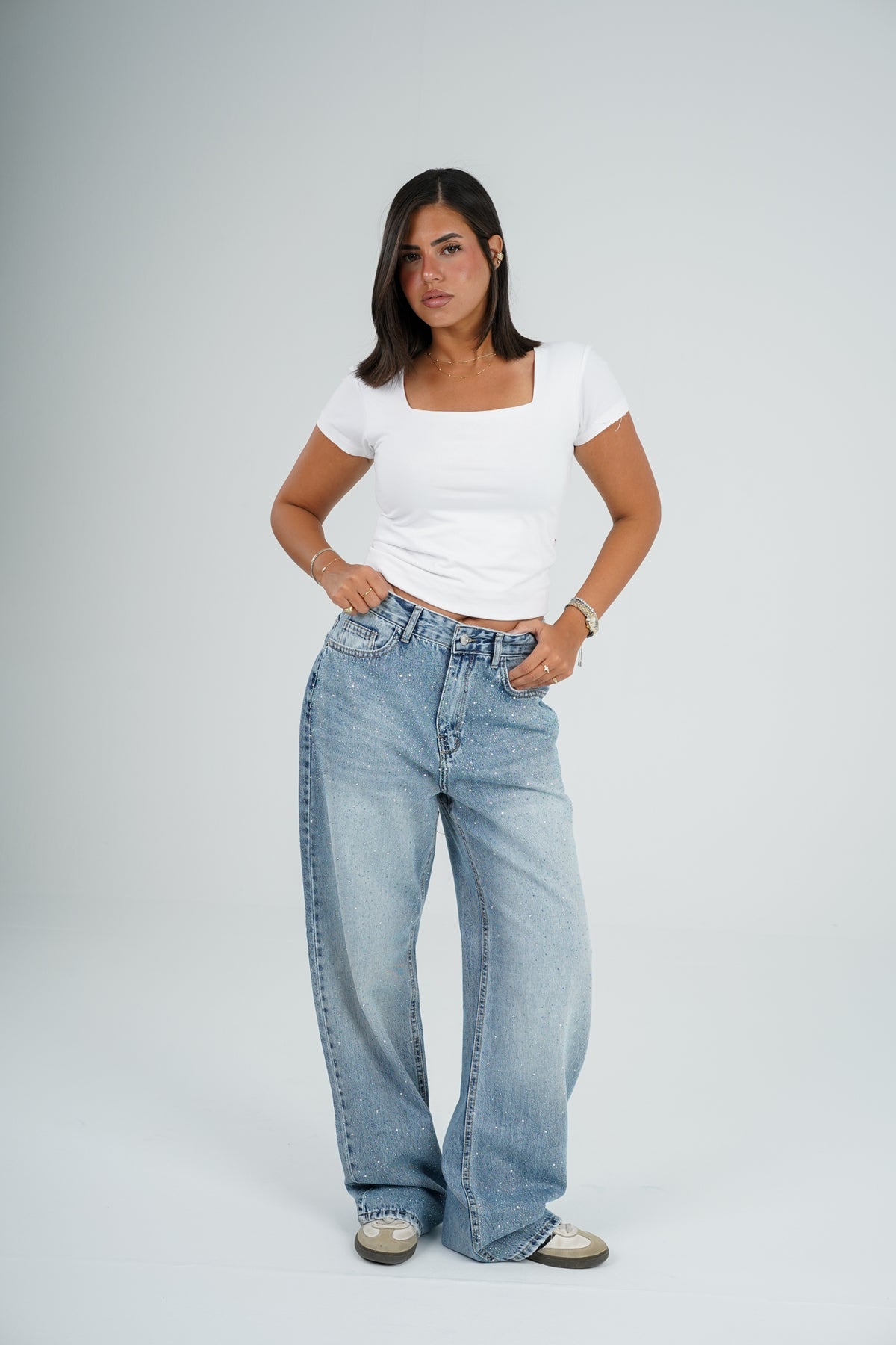 Strass wide leg jeans light blue