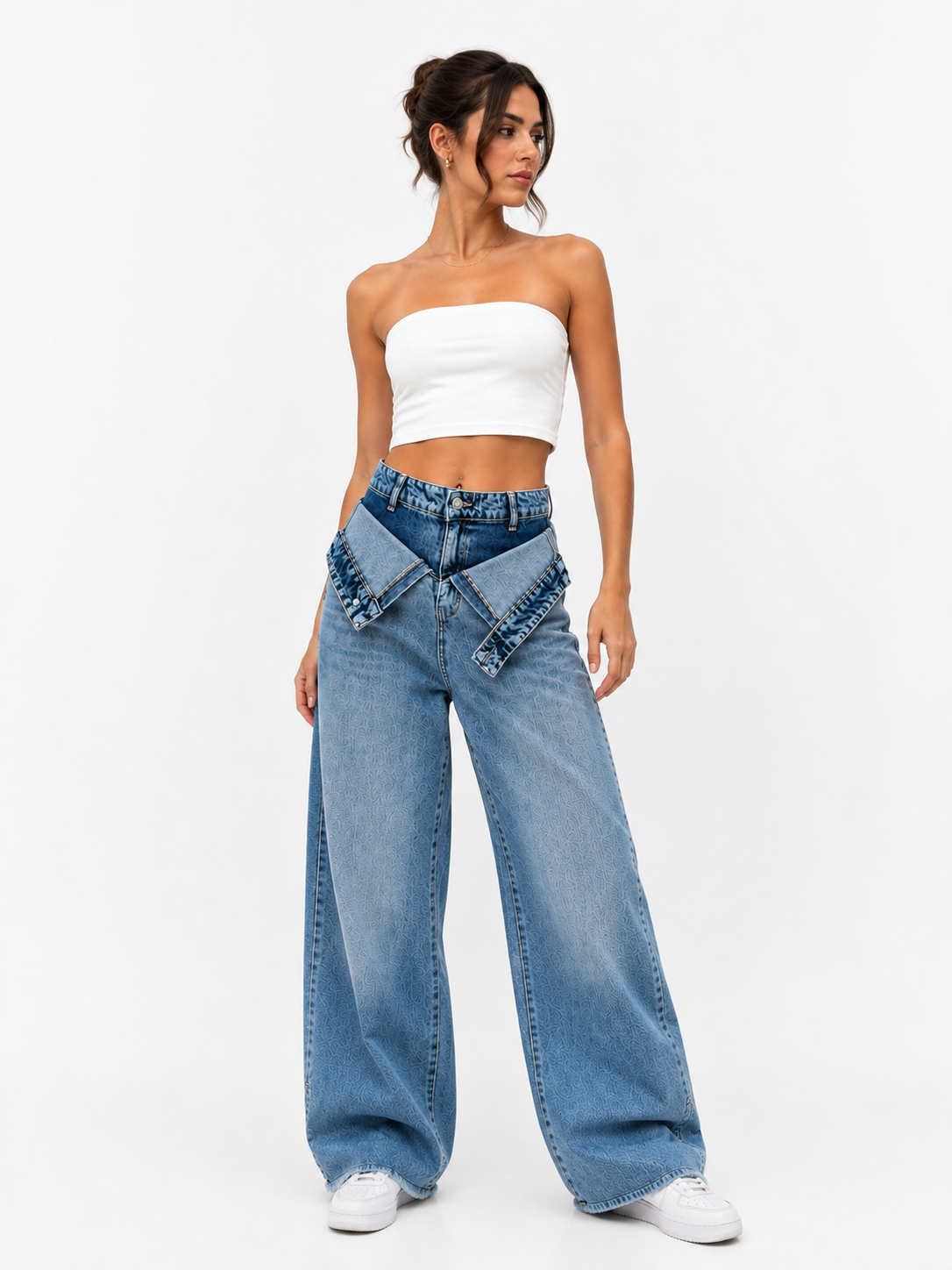 Foldover waist wide leg jeans Dark blue