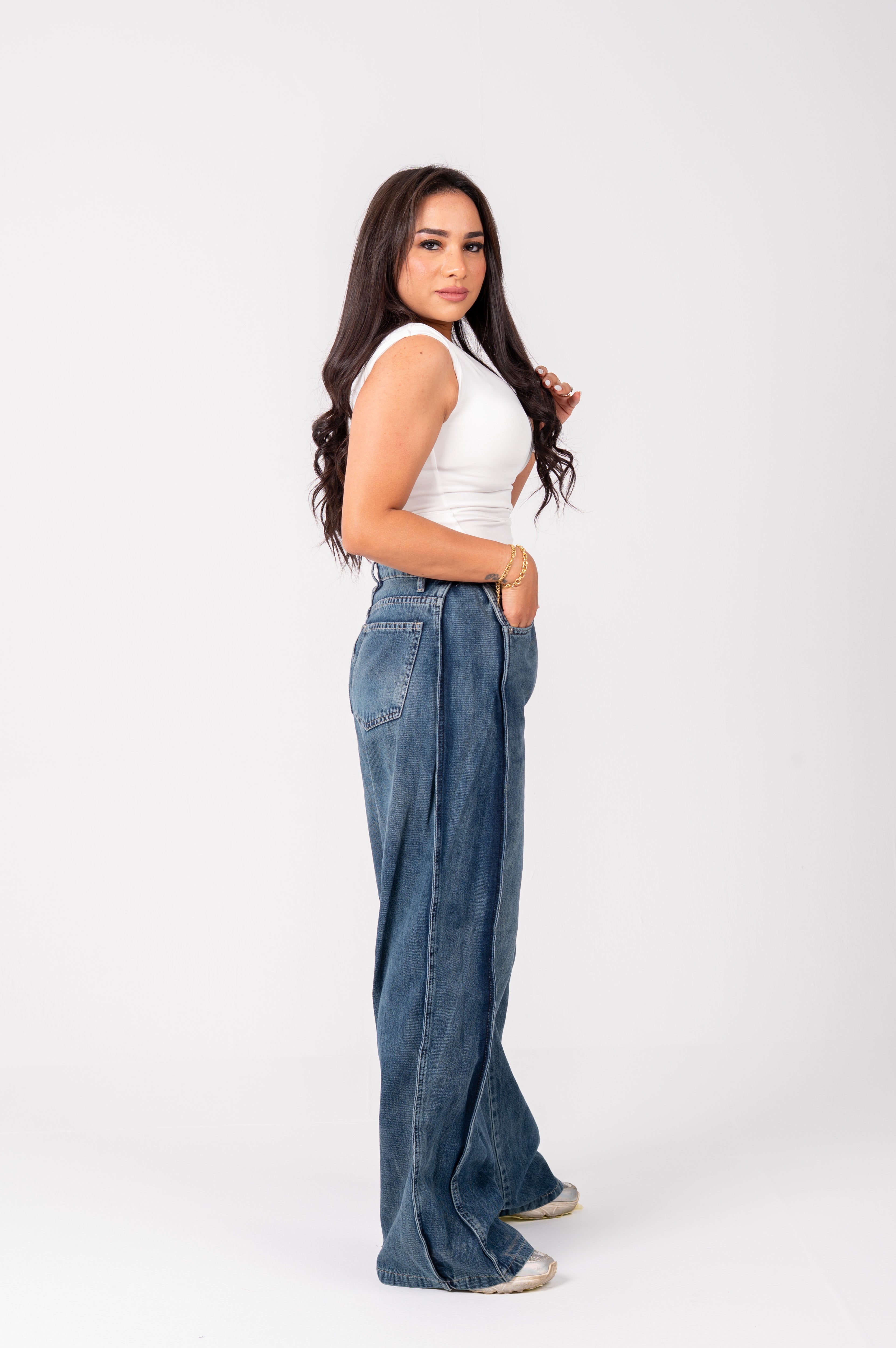 Side Panel wide leg jeans navy washed