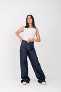 Folded waist wide leg jeans dark blue studded