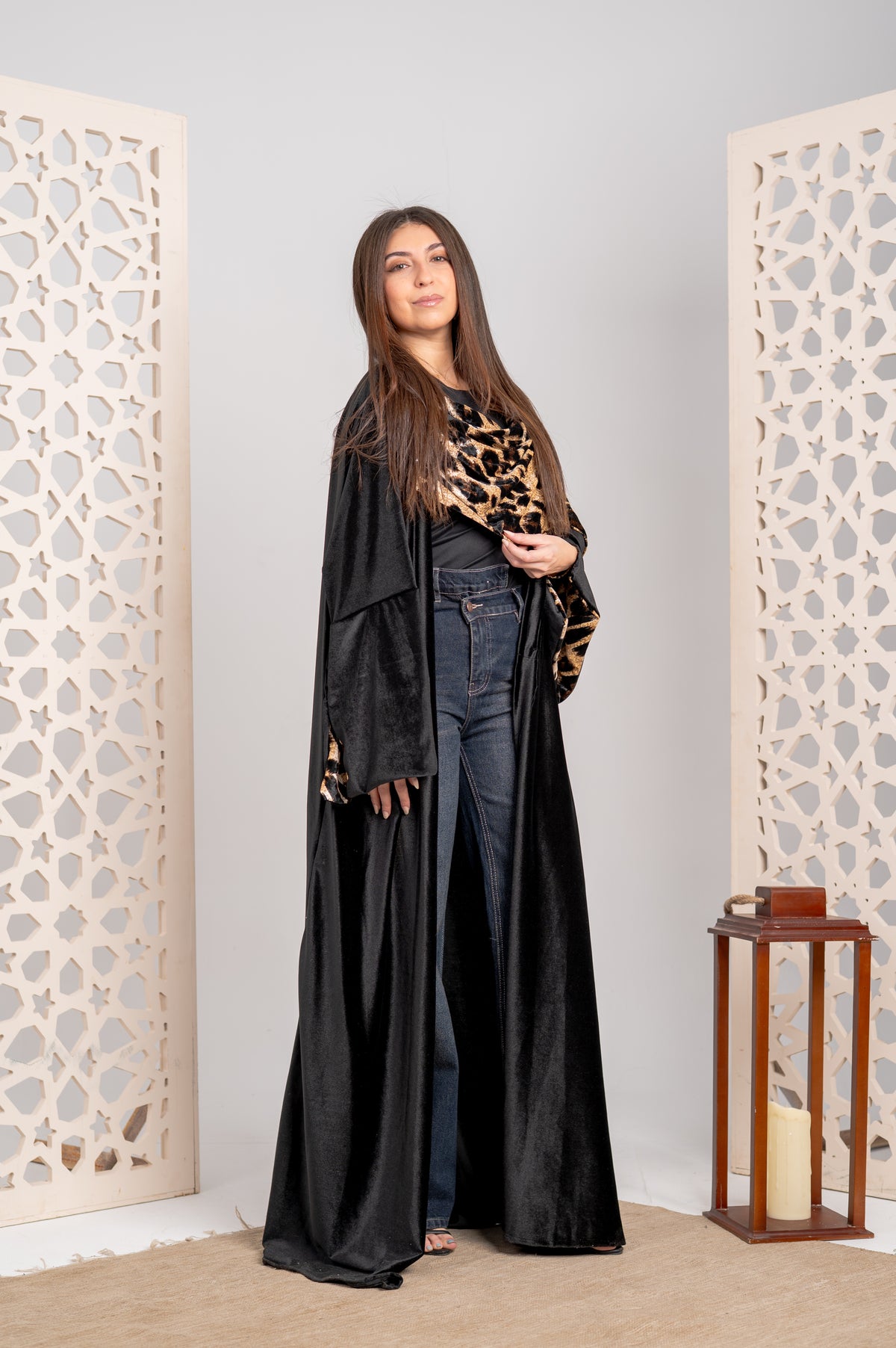 Velvet Long Cardigan with Tiger Scarf