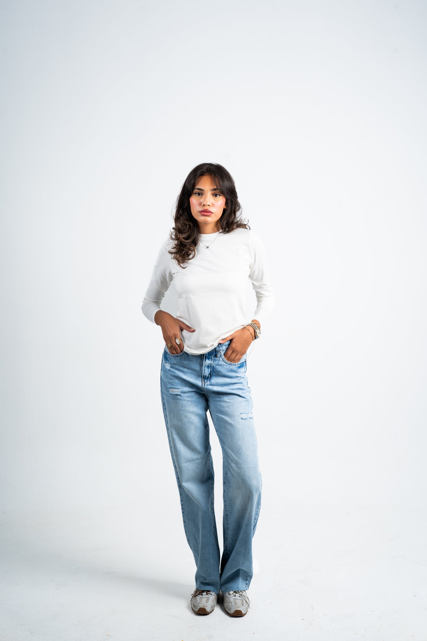 Straight unfinished jeans.