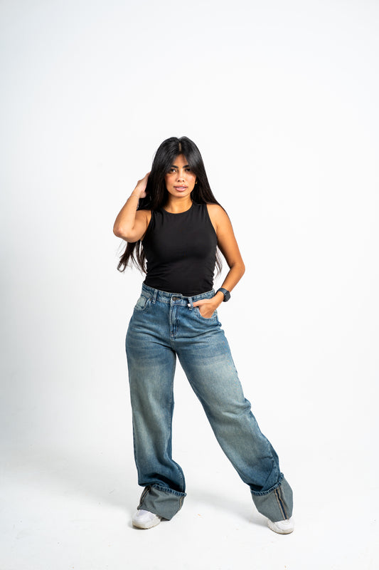 Cuffed wide leg jeans mid blue washed
