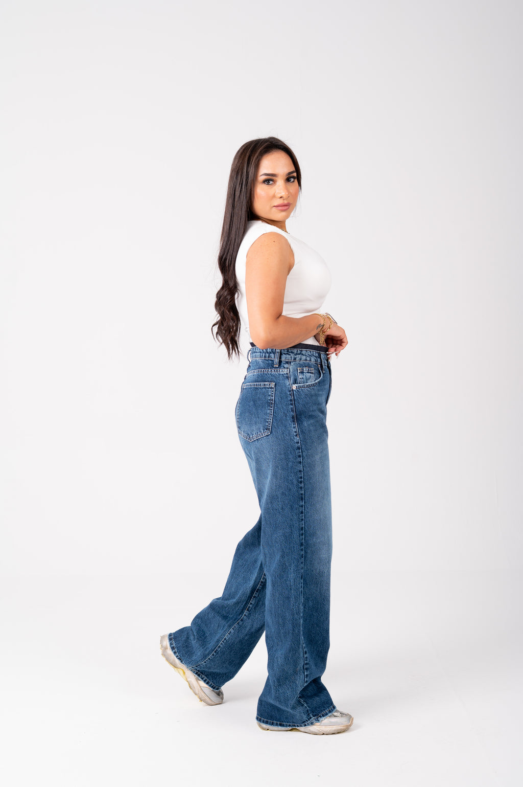 Wide Leg Jeans with Exposed Inner Waistband dark blue