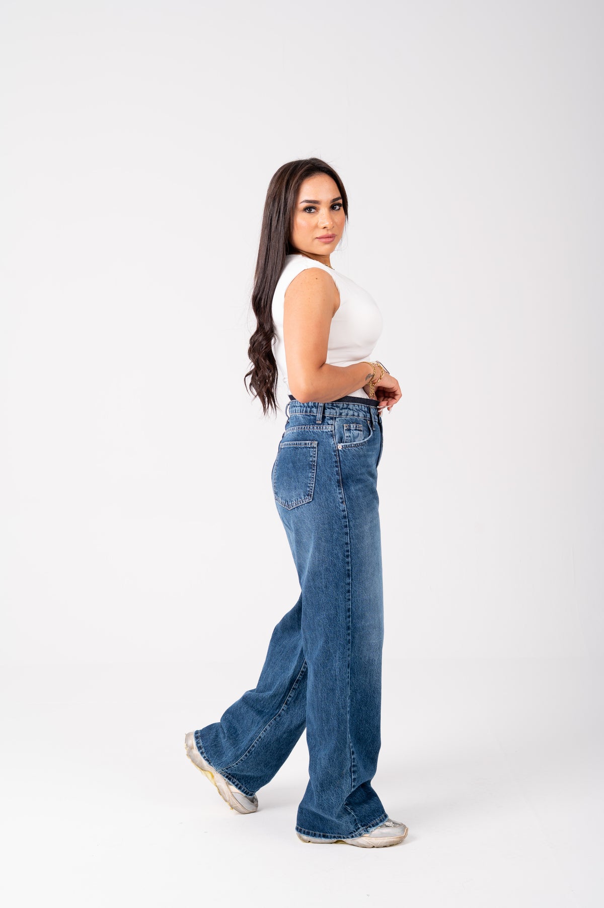 Wide Leg Jeans with Exposed Inner Waistband dark blue