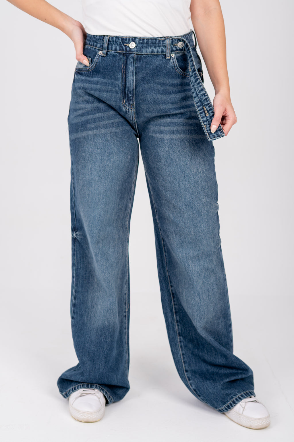 Wide leg jeans with attached belt navy washed