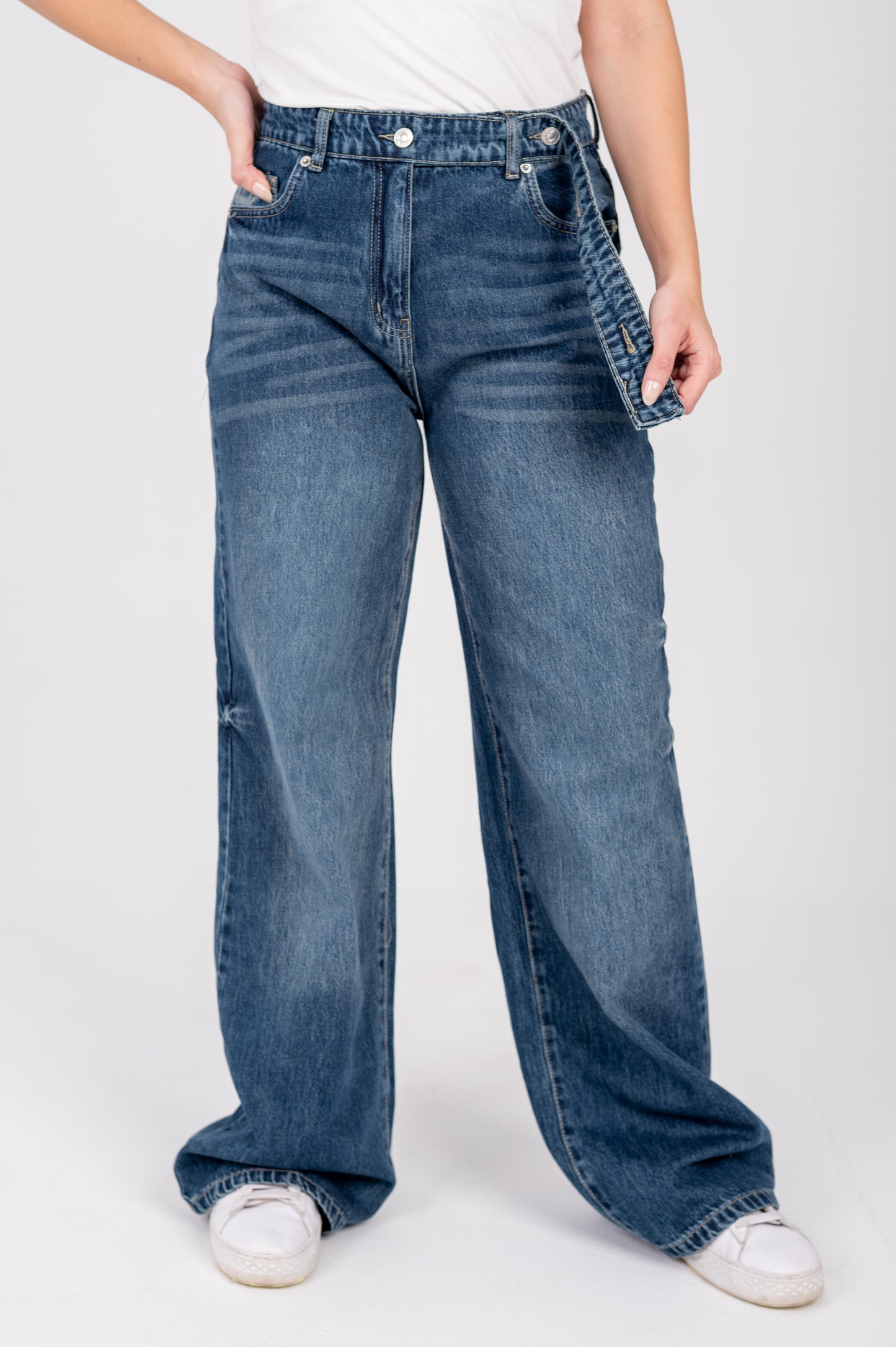 Wide leg jeans with attached belt navy washed