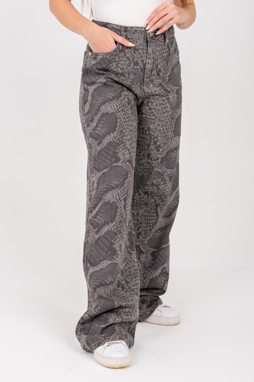 Snake Print Wide-Leg Jeans beige