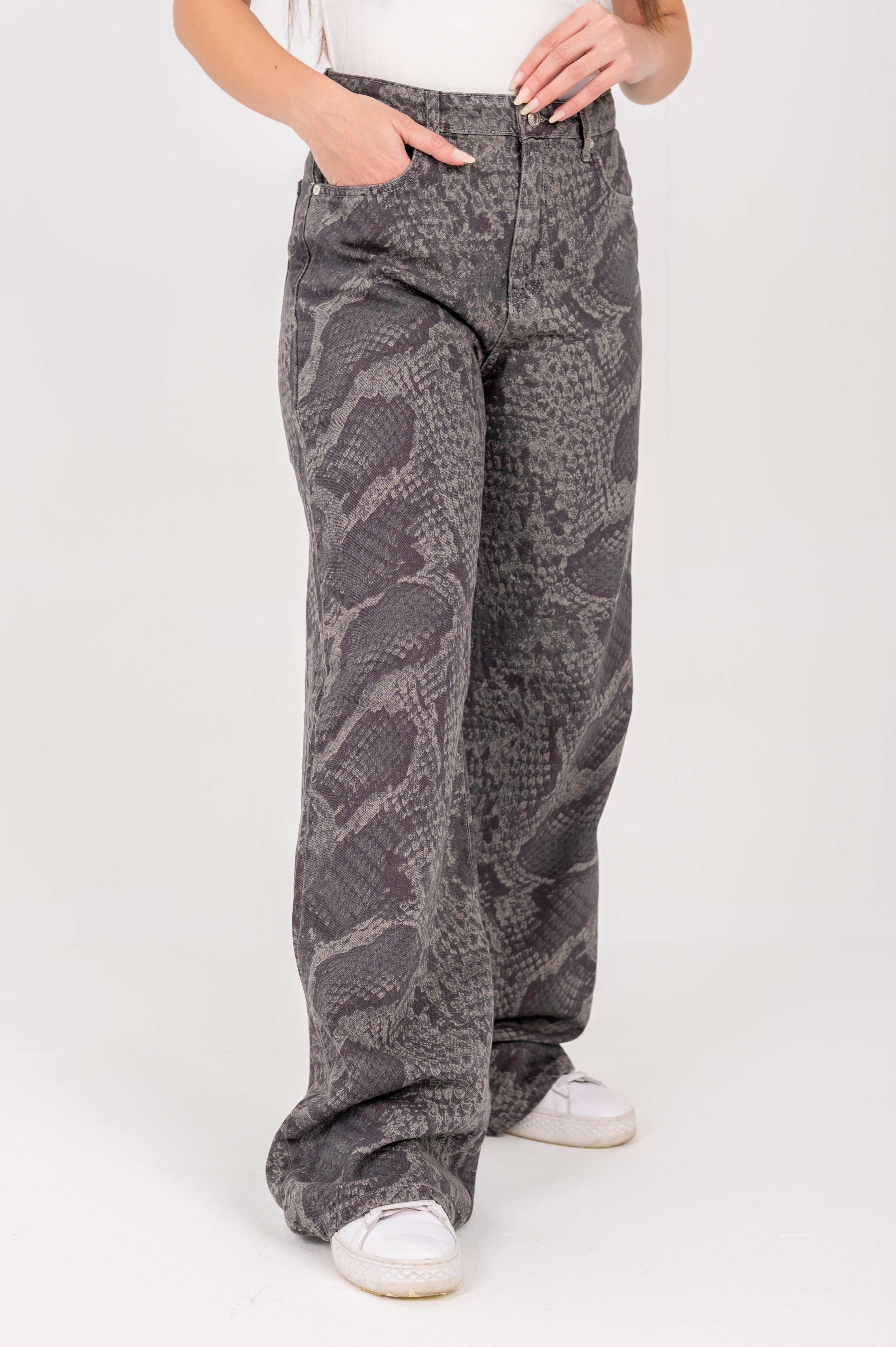 Snake Print Wide-Leg Jeans beige