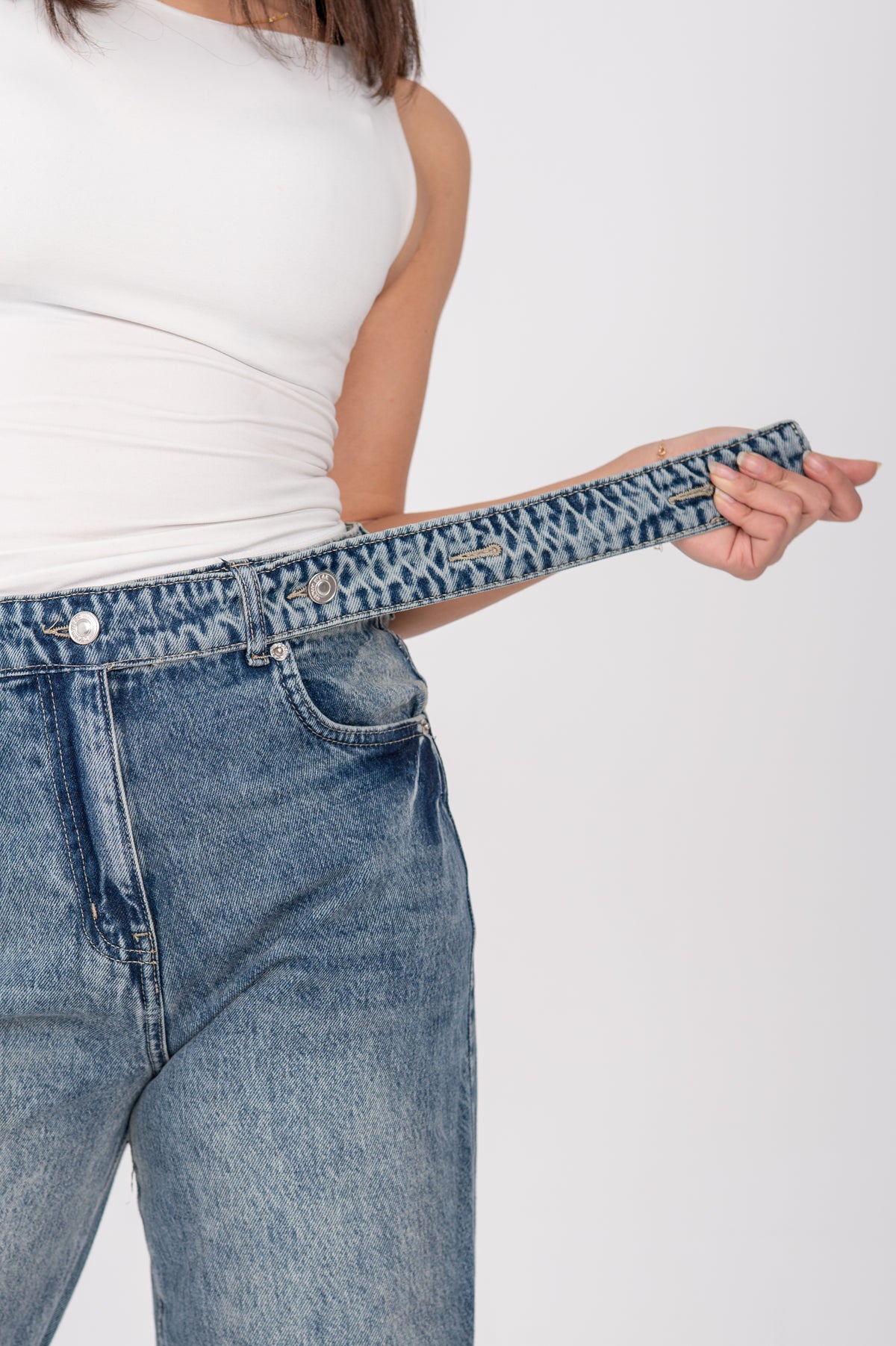 Wide leg jeans with attached belt mid blue washed