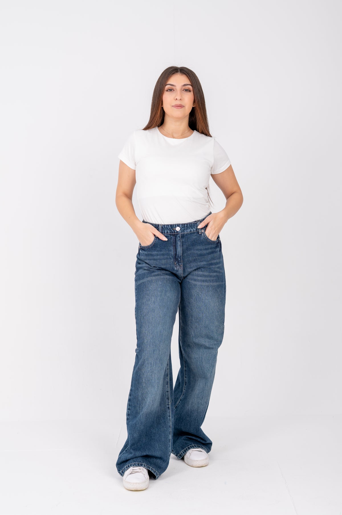 Wide leg jeans with attached belt navy washed
