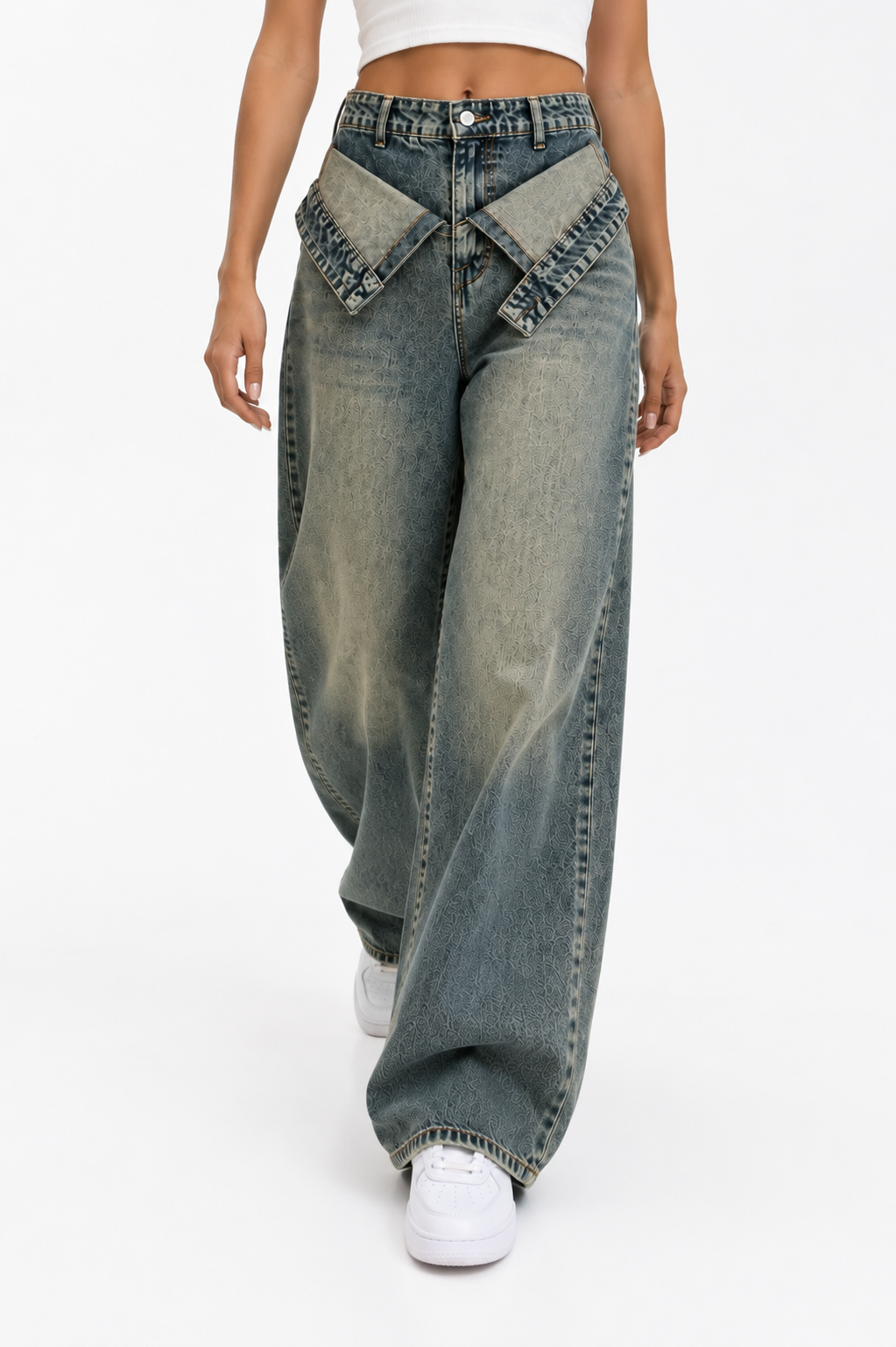 Foldover waist wide leg jeans dirty vintage