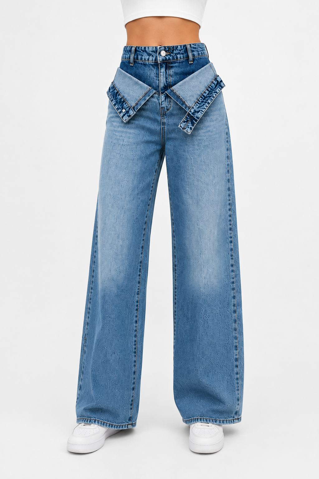 Foldover waist wide leg jeans Dark blue