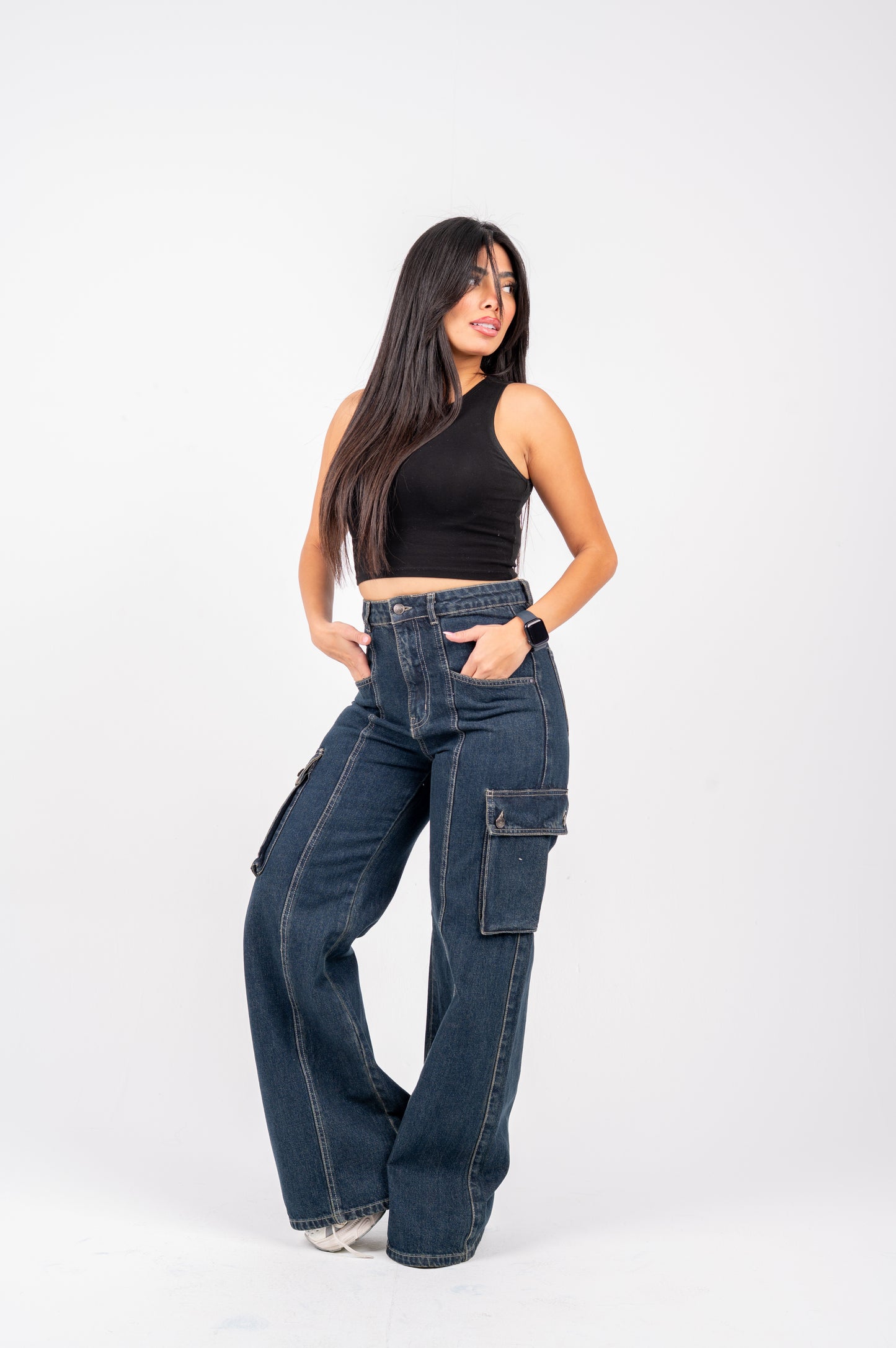 High waist cargo jeans dark blue