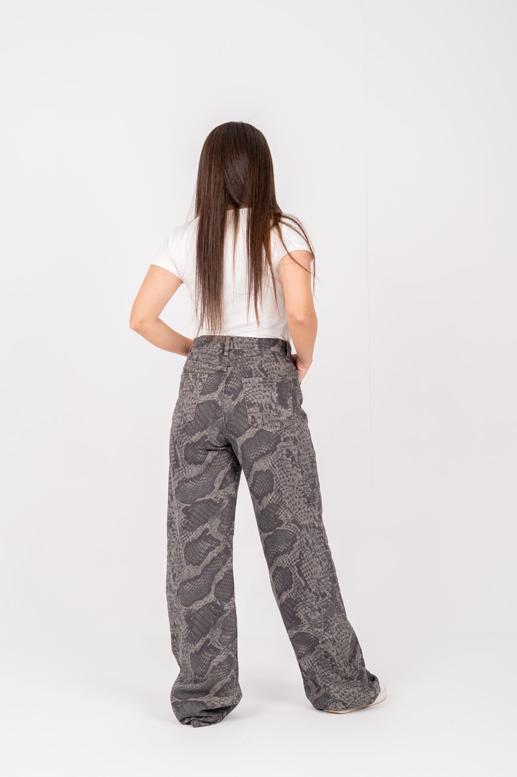 Snake Print Wide-Leg Jeans beige