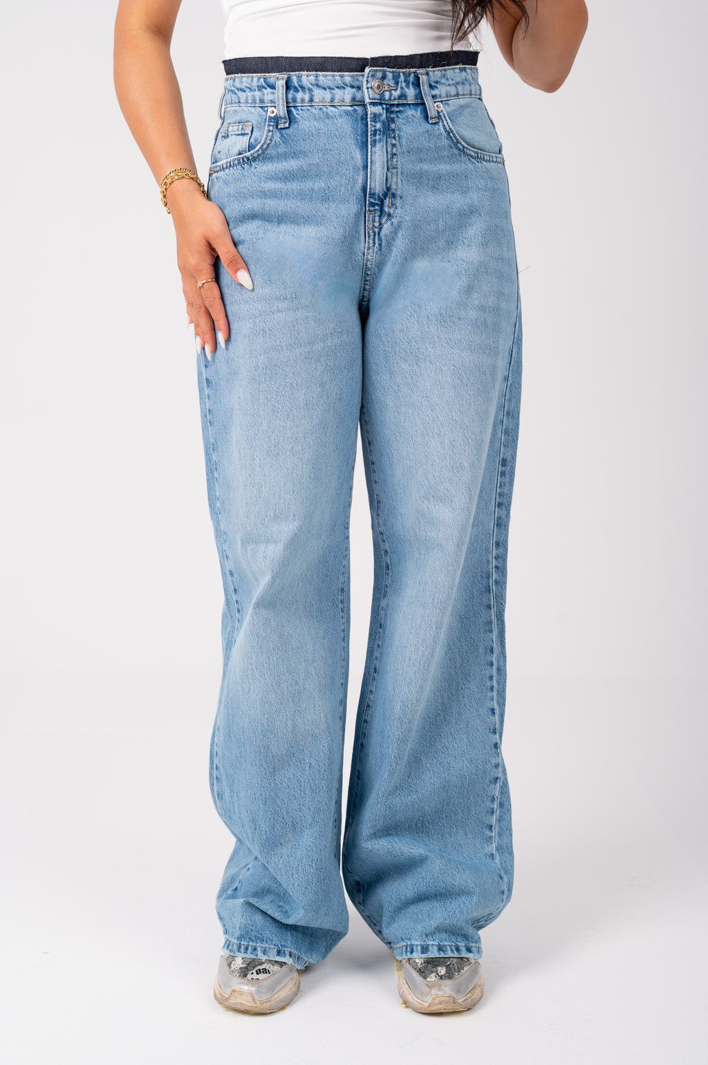 Wide Leg Jeans with Exposed Inner Waistband light blue
